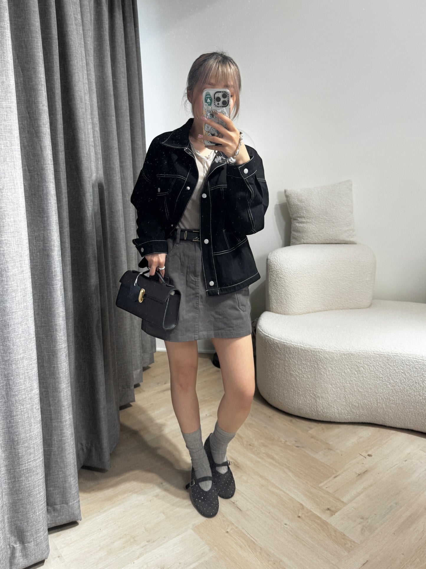 明線薄斜布外套 ( 黑/米 )