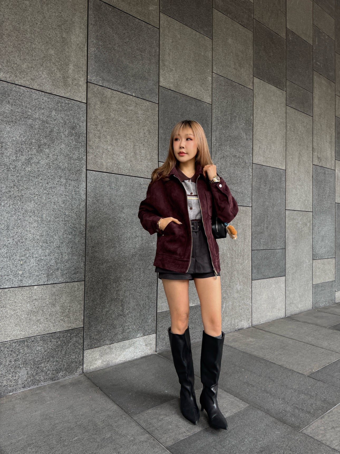 麂布有領拉鍊外套 ( 酒紅/杏 )