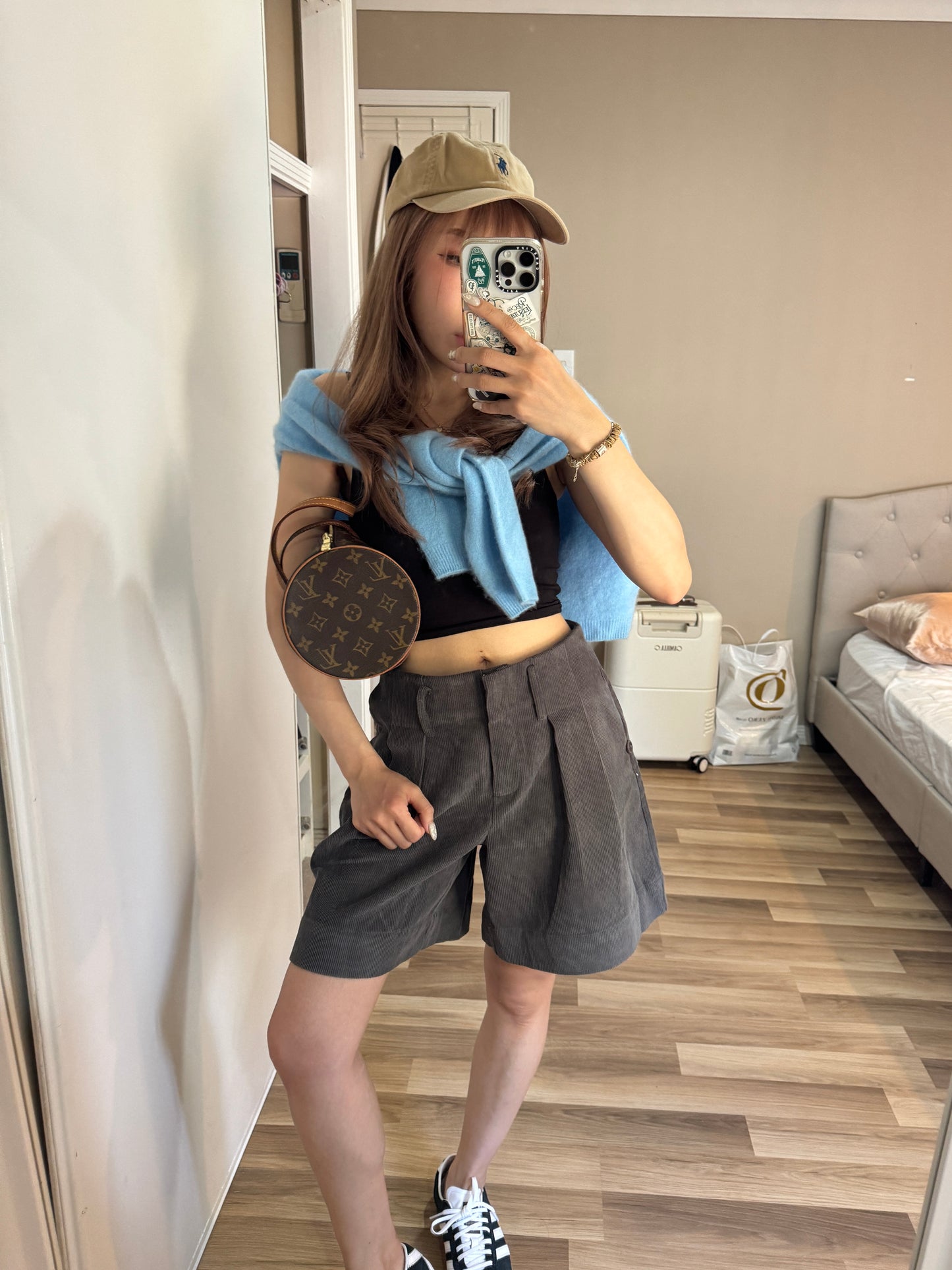 燈芯絨可反摺短褲 ( 米杏/深灰 )