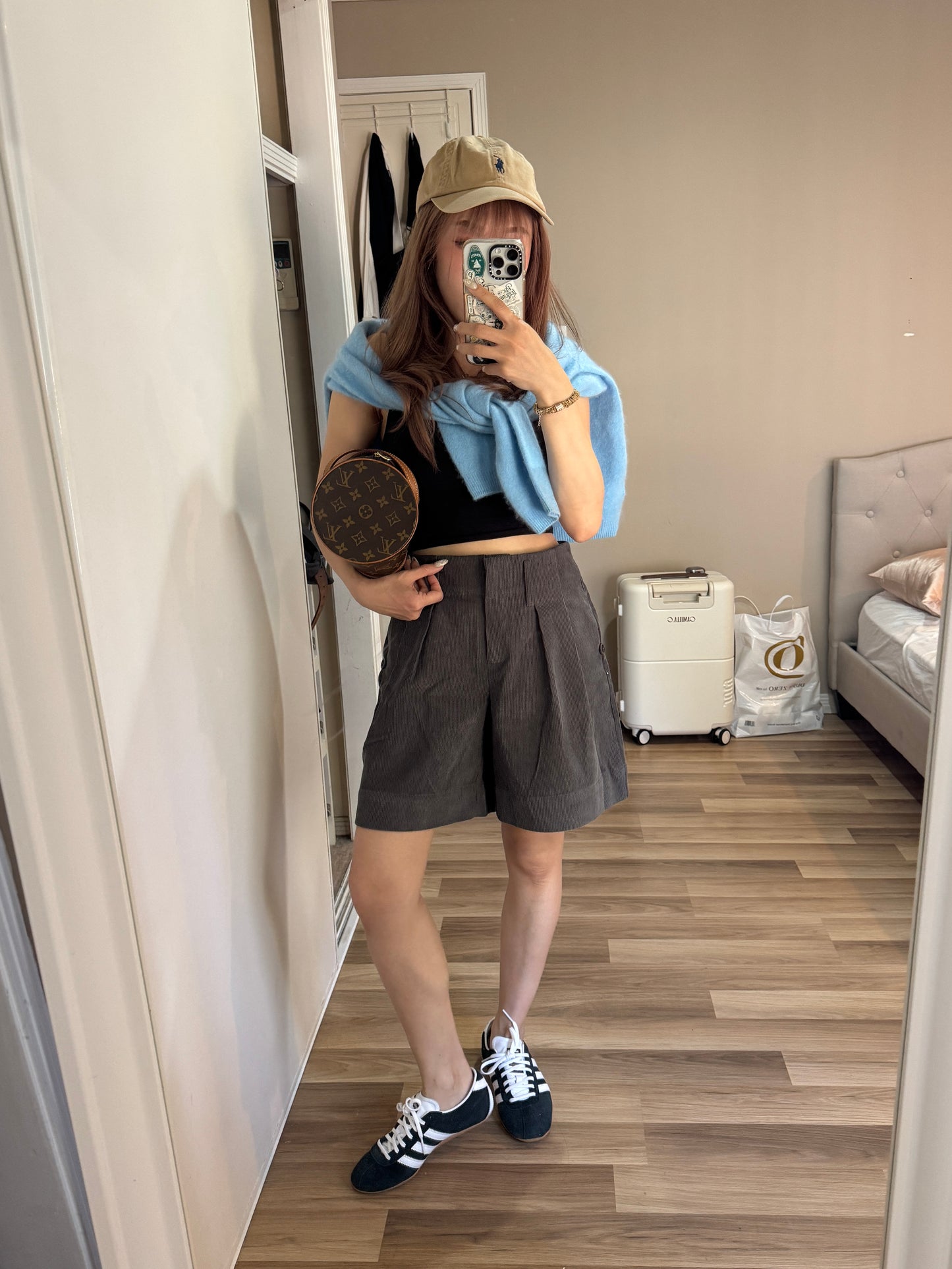 燈芯絨可反摺短褲 ( 米杏/深灰 )