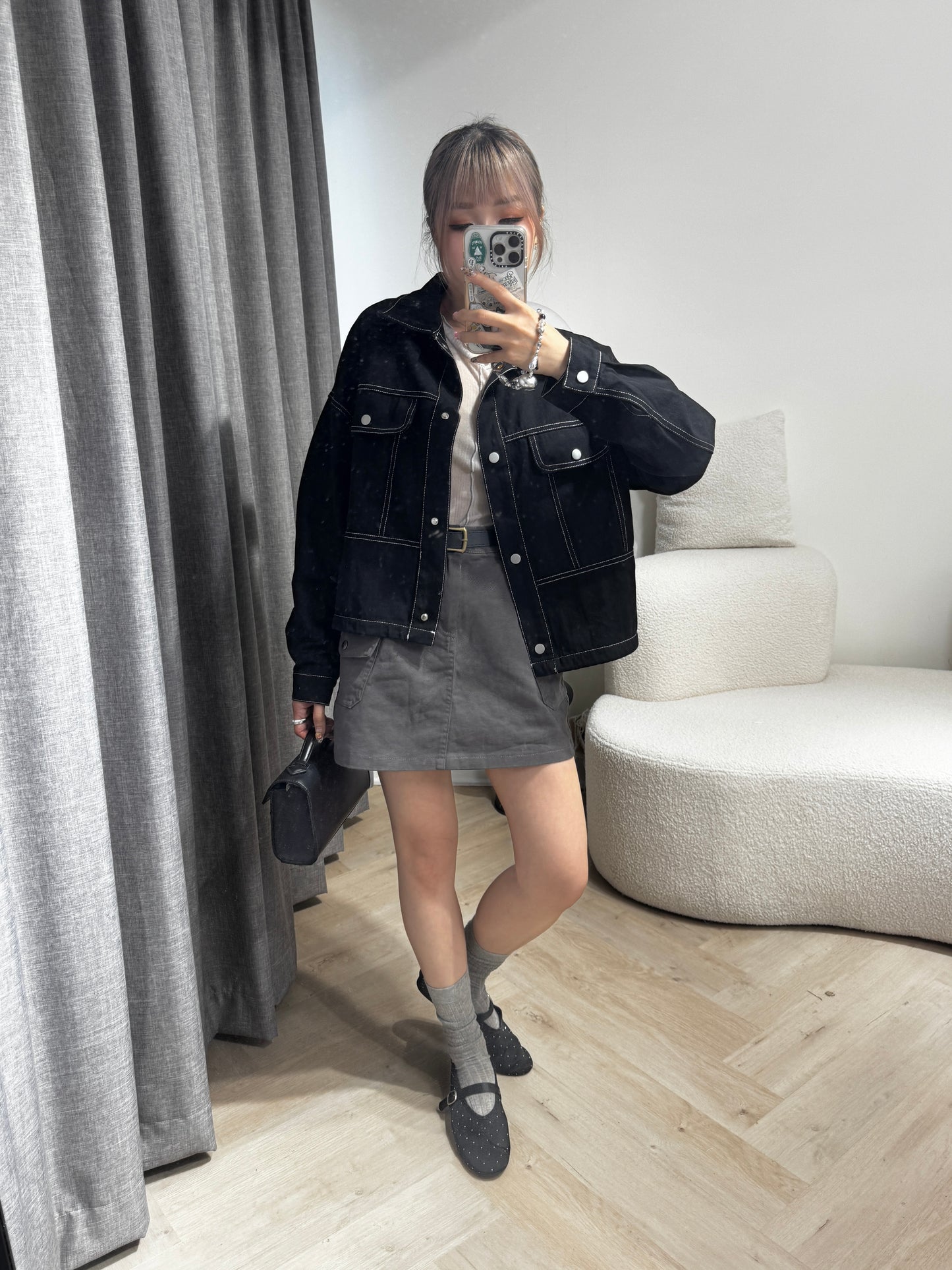 明線薄斜布外套 ( 黑/米 )