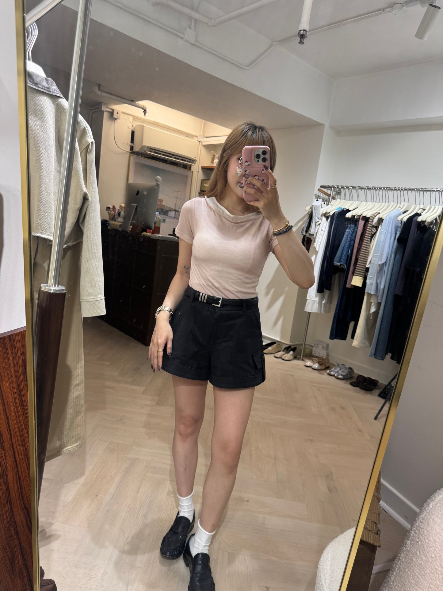 圓領併色邊短袖TEE ( 灰/白/粉 )