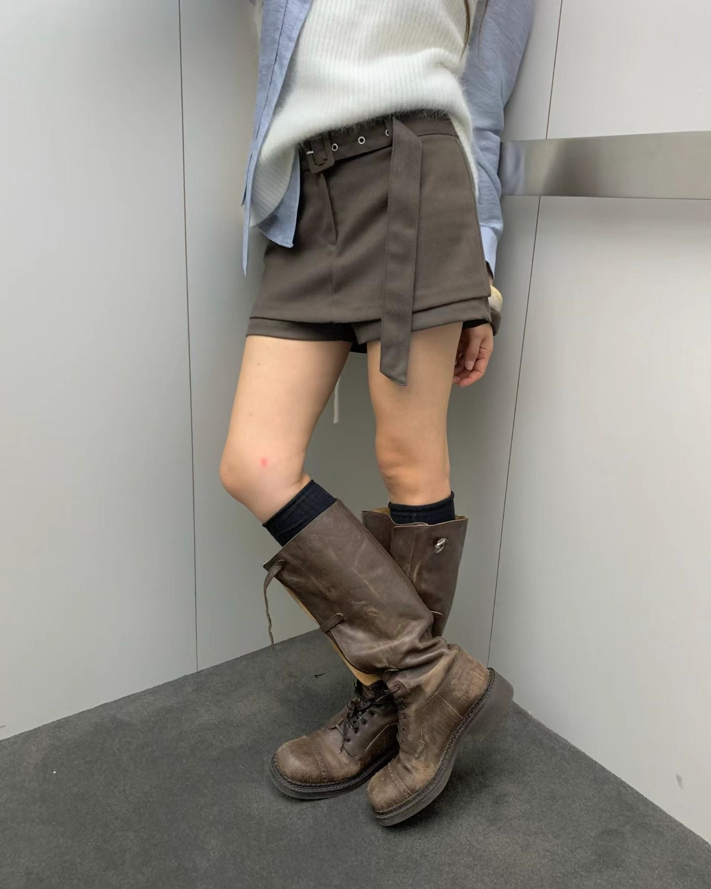 連腰帶絨面裙褲 ( 深灰/深啡 )