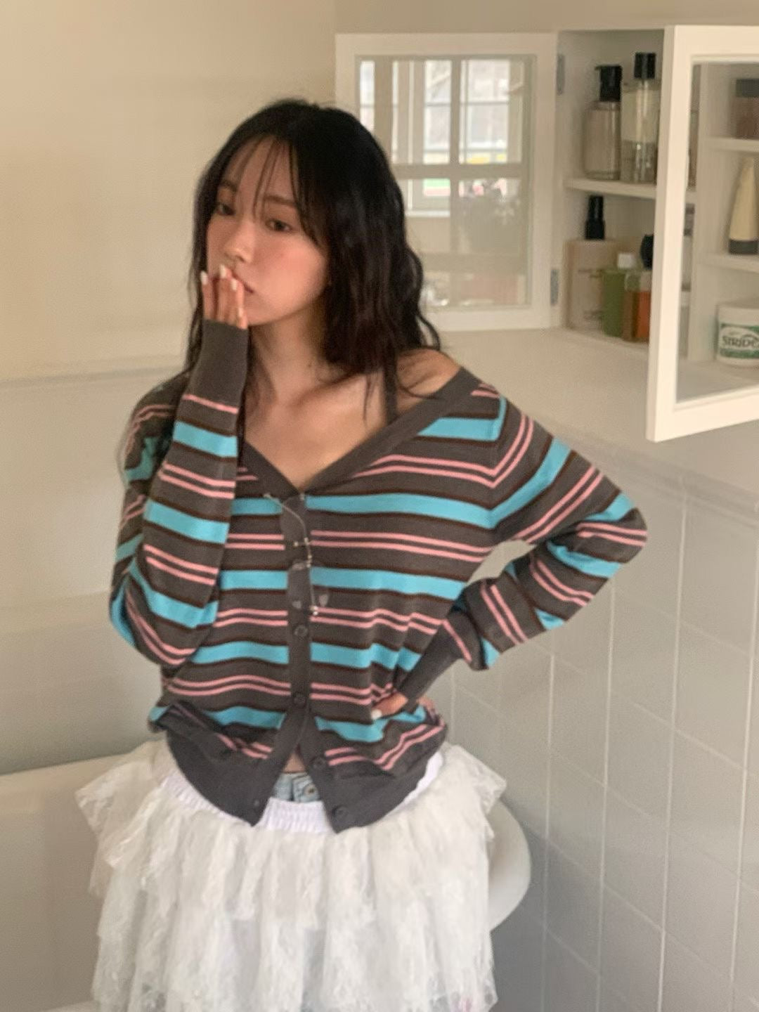 彩色間條單肩線料上衣 ( 三色 )