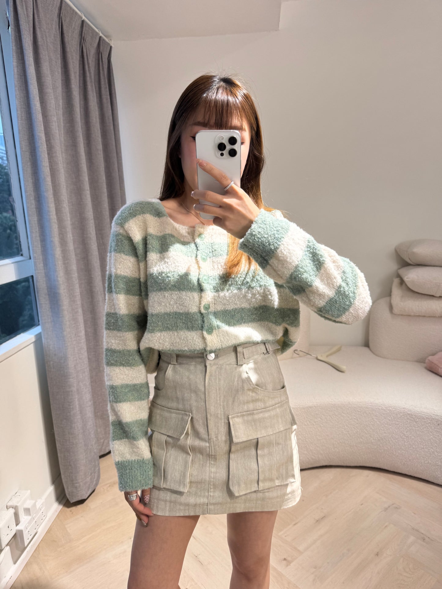 雙扣有口袋短裙褲 ( 米/藍 )