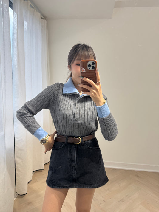 藍併灰直紋假兩件上衣