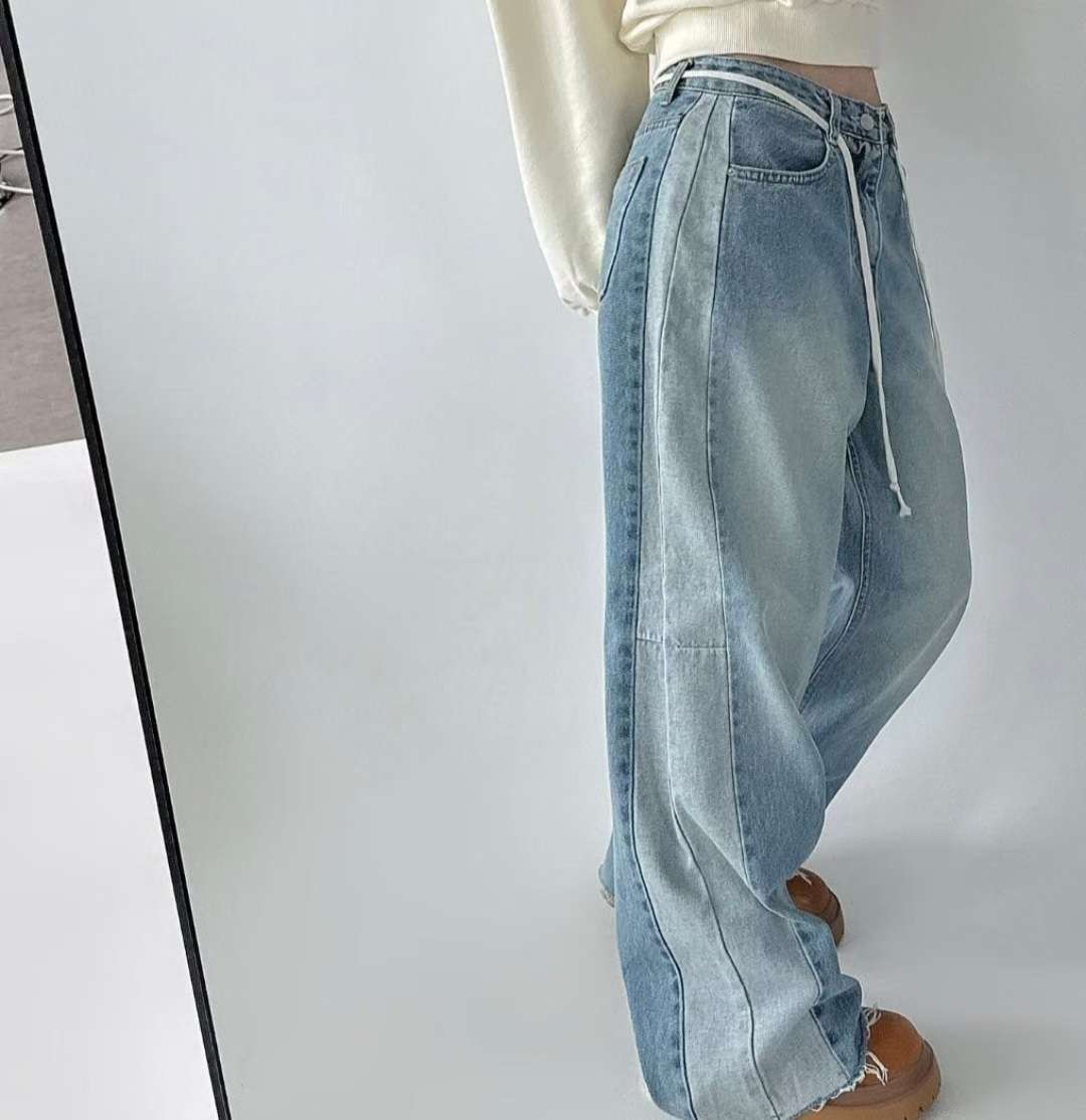 深淺併色直腳寬鬆白繩牛仔褲 ( S/M/L )