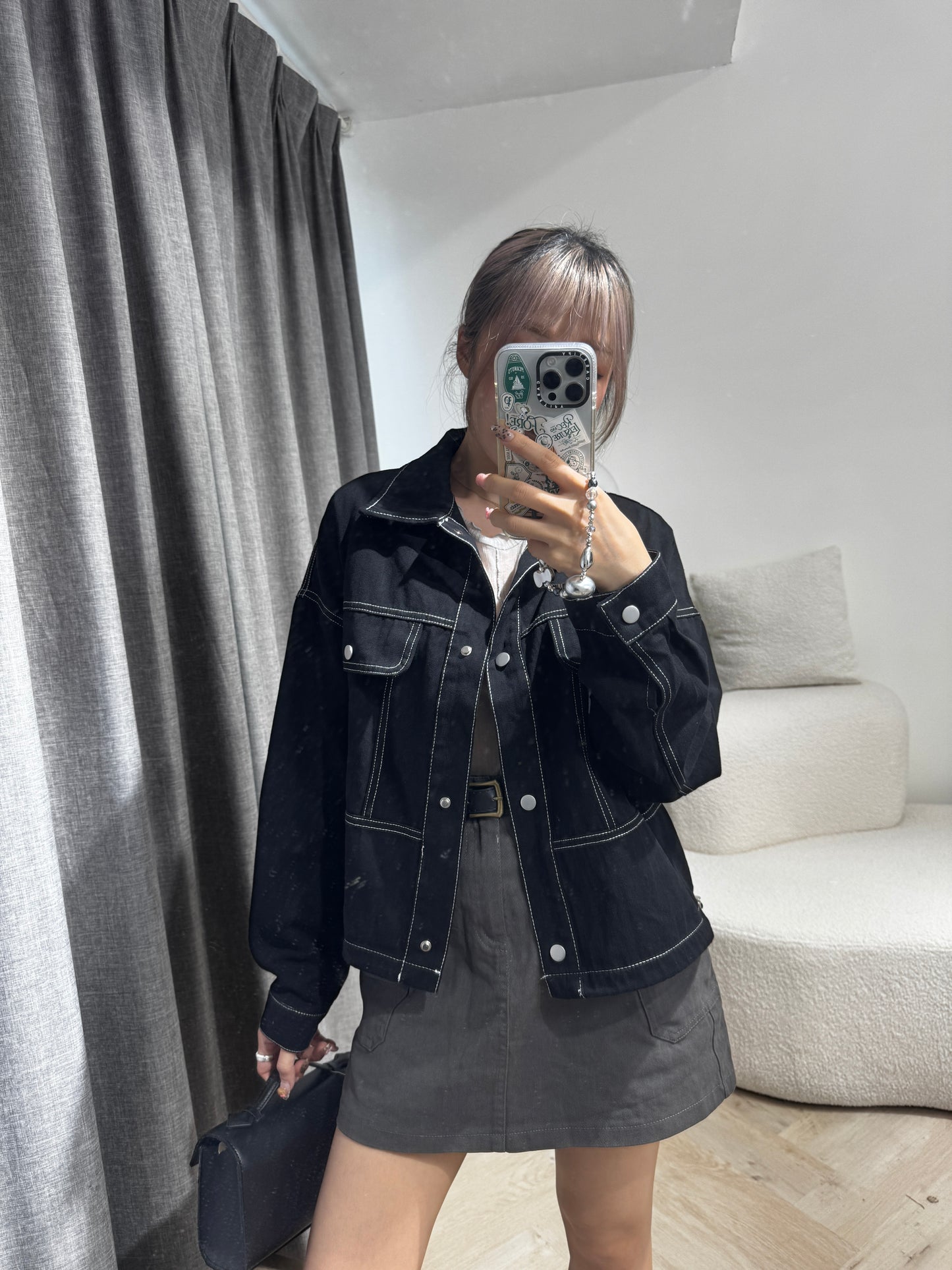 明線薄斜布外套 ( 黑/米 )