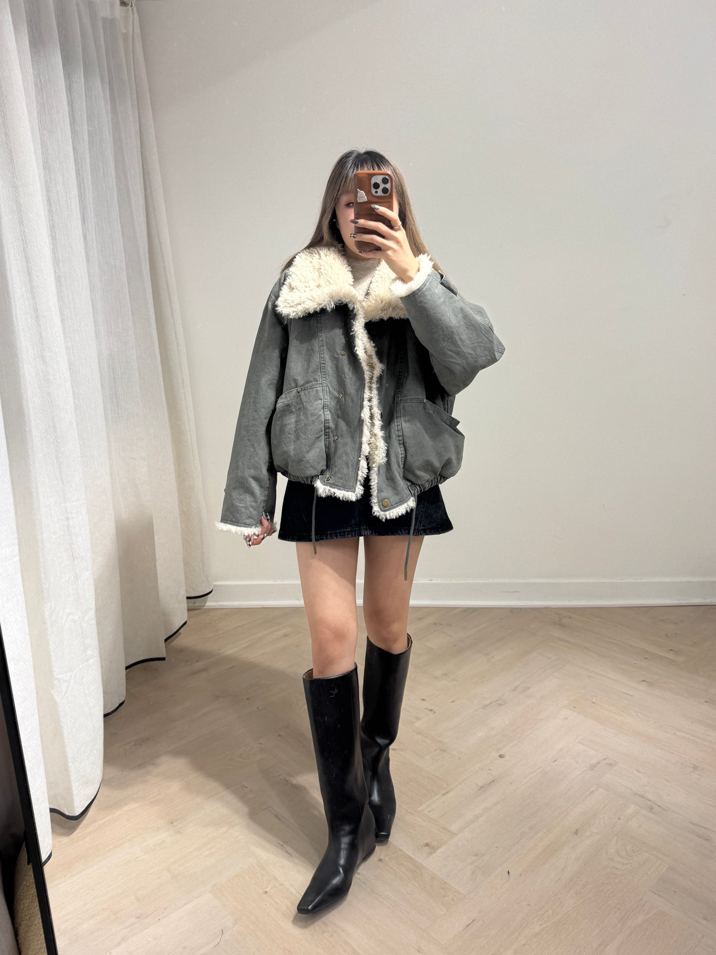 大反領毛毛洗水外套 ( 灰綠/啡 )