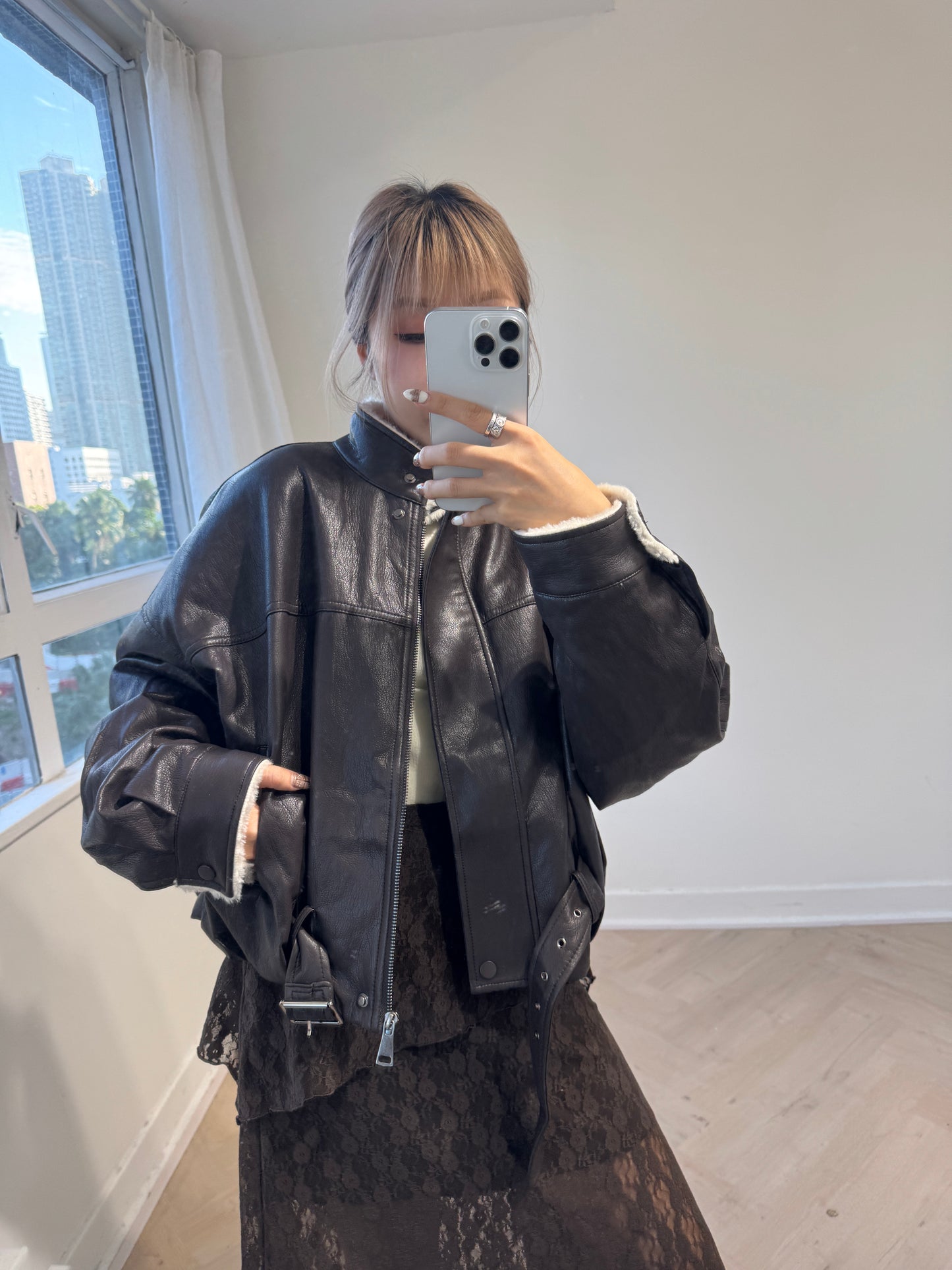 仿皮毛毛BIKER外套 ( 黑/深啡 )