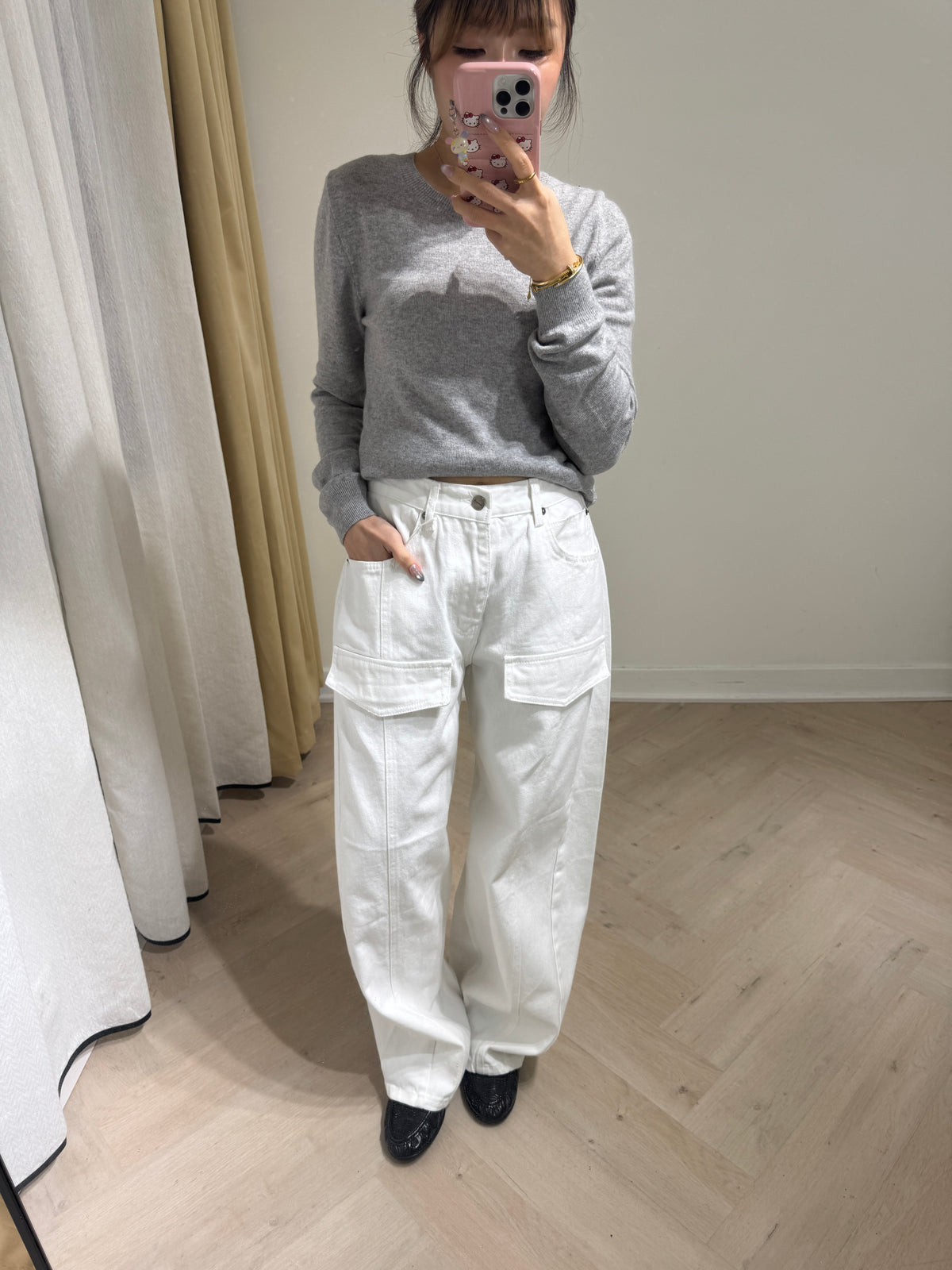 假口袋白色長牛仔褲 ( S/M/L )