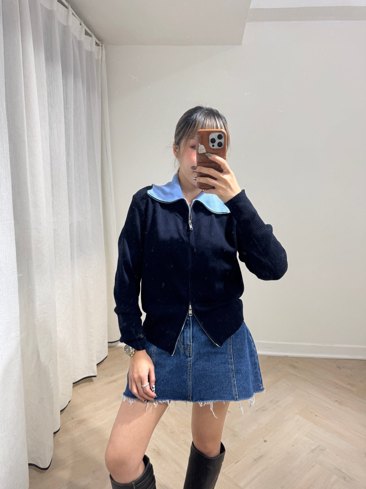 併色反領拉鍊上衣外套 ( 米白/深藍 )