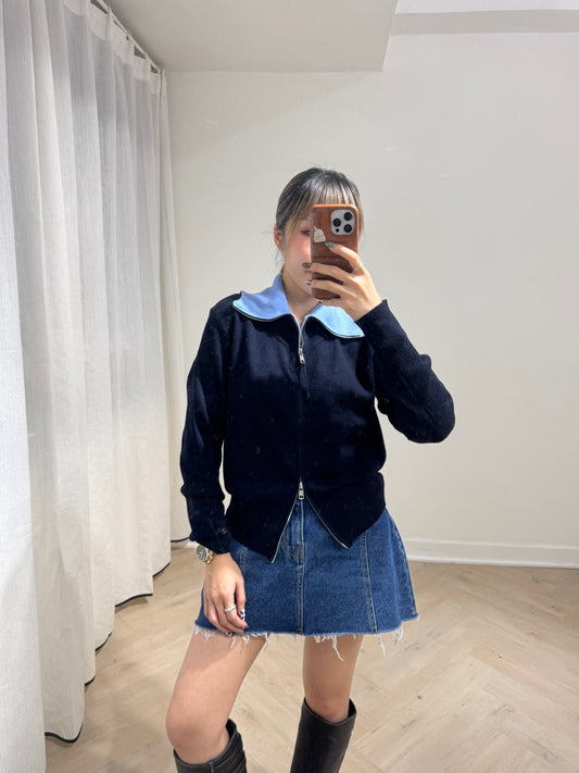 併色反領拉鍊上衣外套 ( 米白/深藍 )