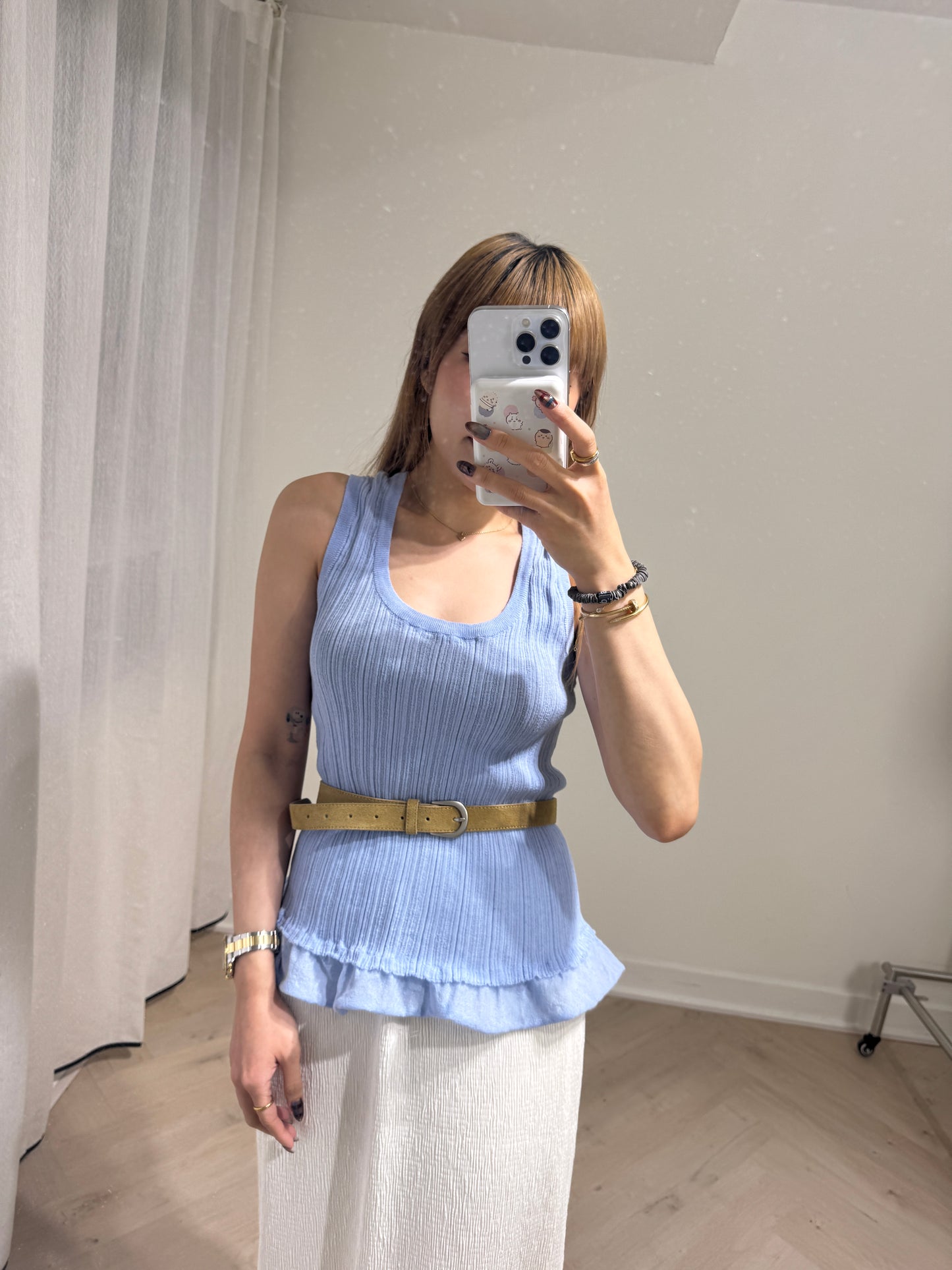 RUFFLE邊暗直紋背心 ( 粉藍/灰杏 )