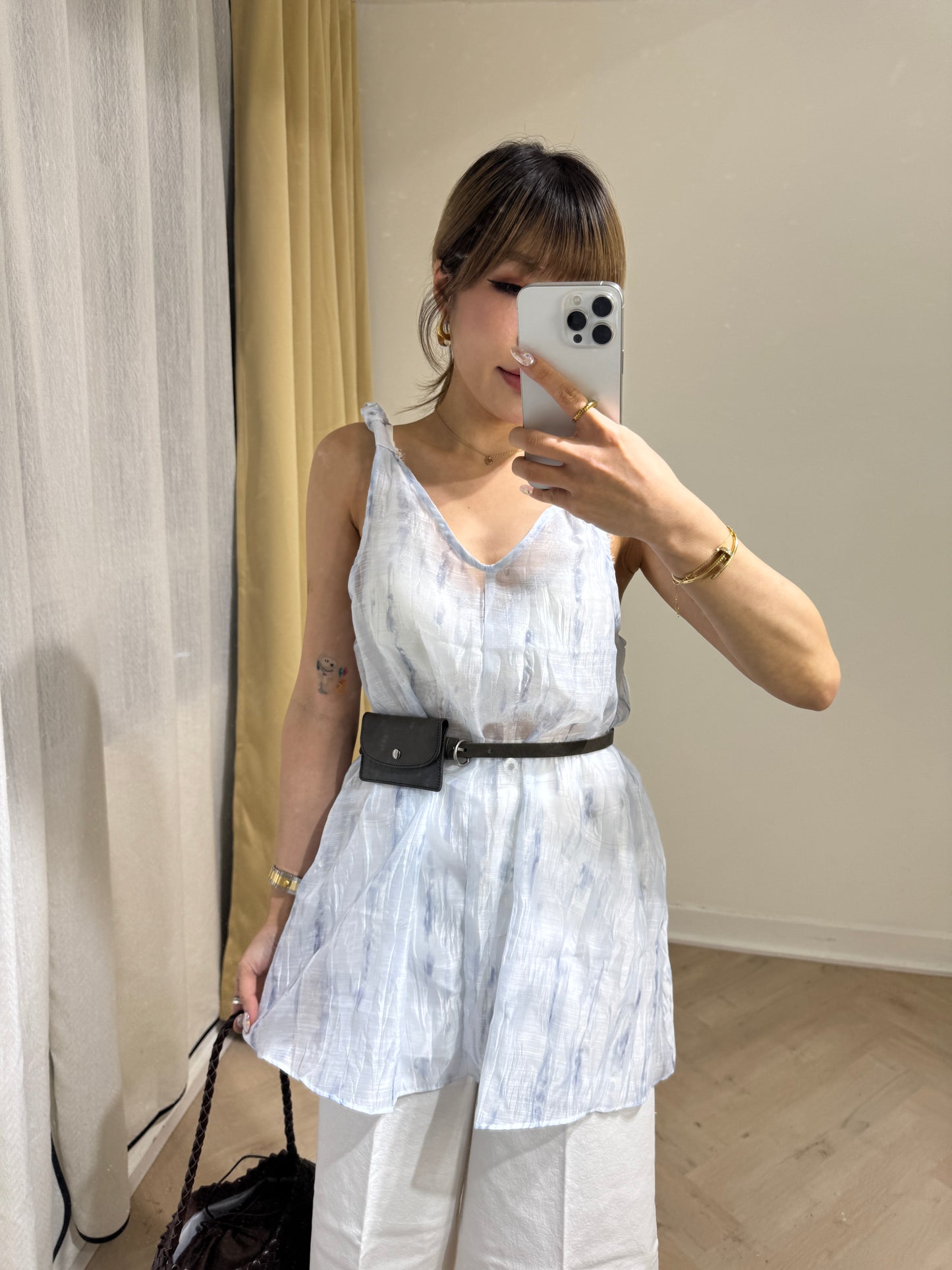 水墨暈染扭肩帶長上衣