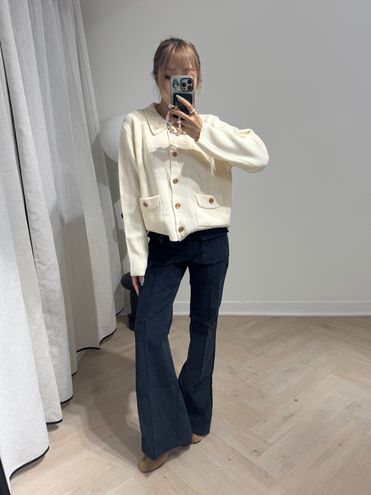 雙口袋燈芯絨喇叭長褲 ( 寶藍/杏 )