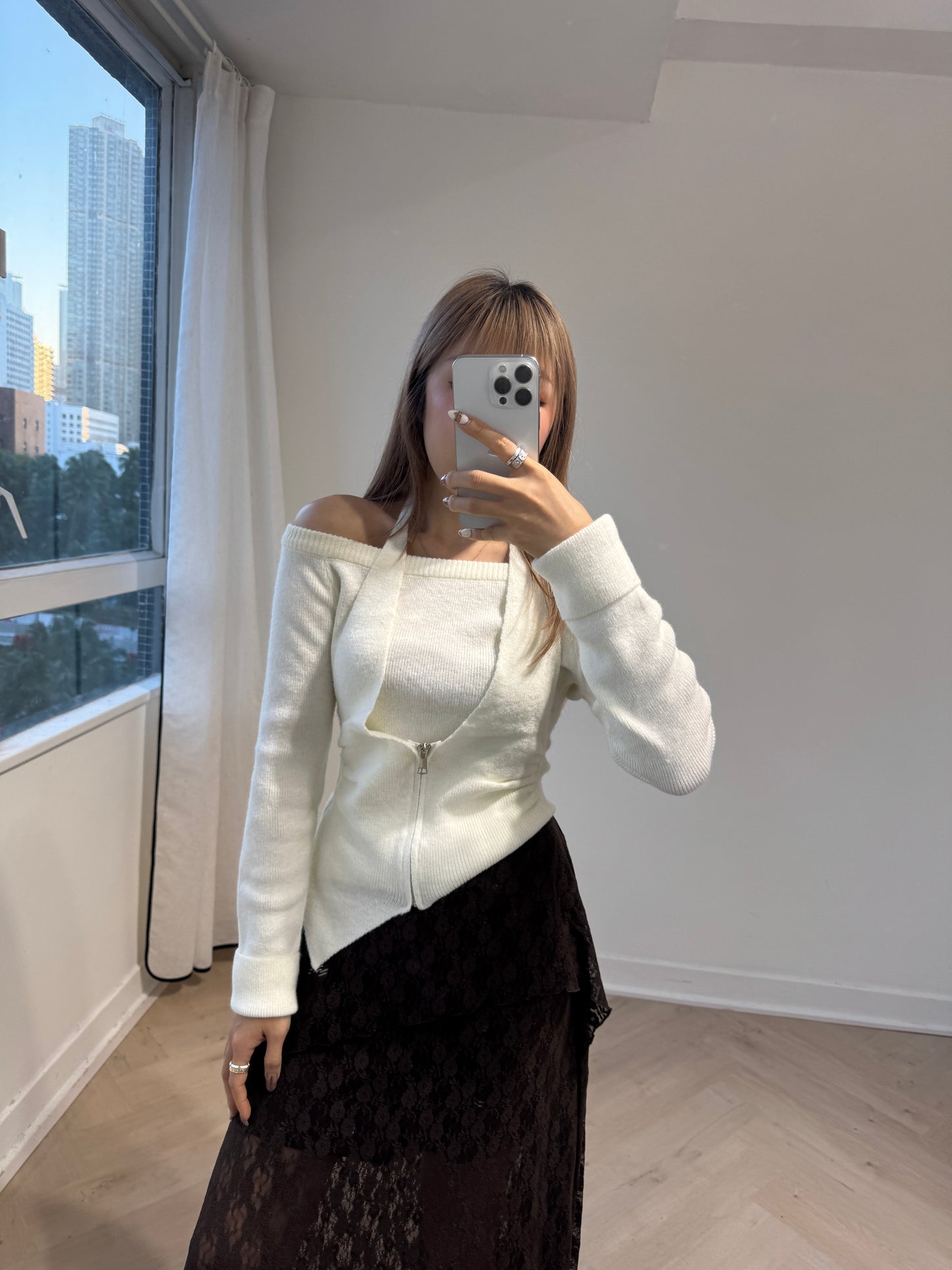 掛頸假兩件尖腳上衣 ( 黑/白/杏/灰 )