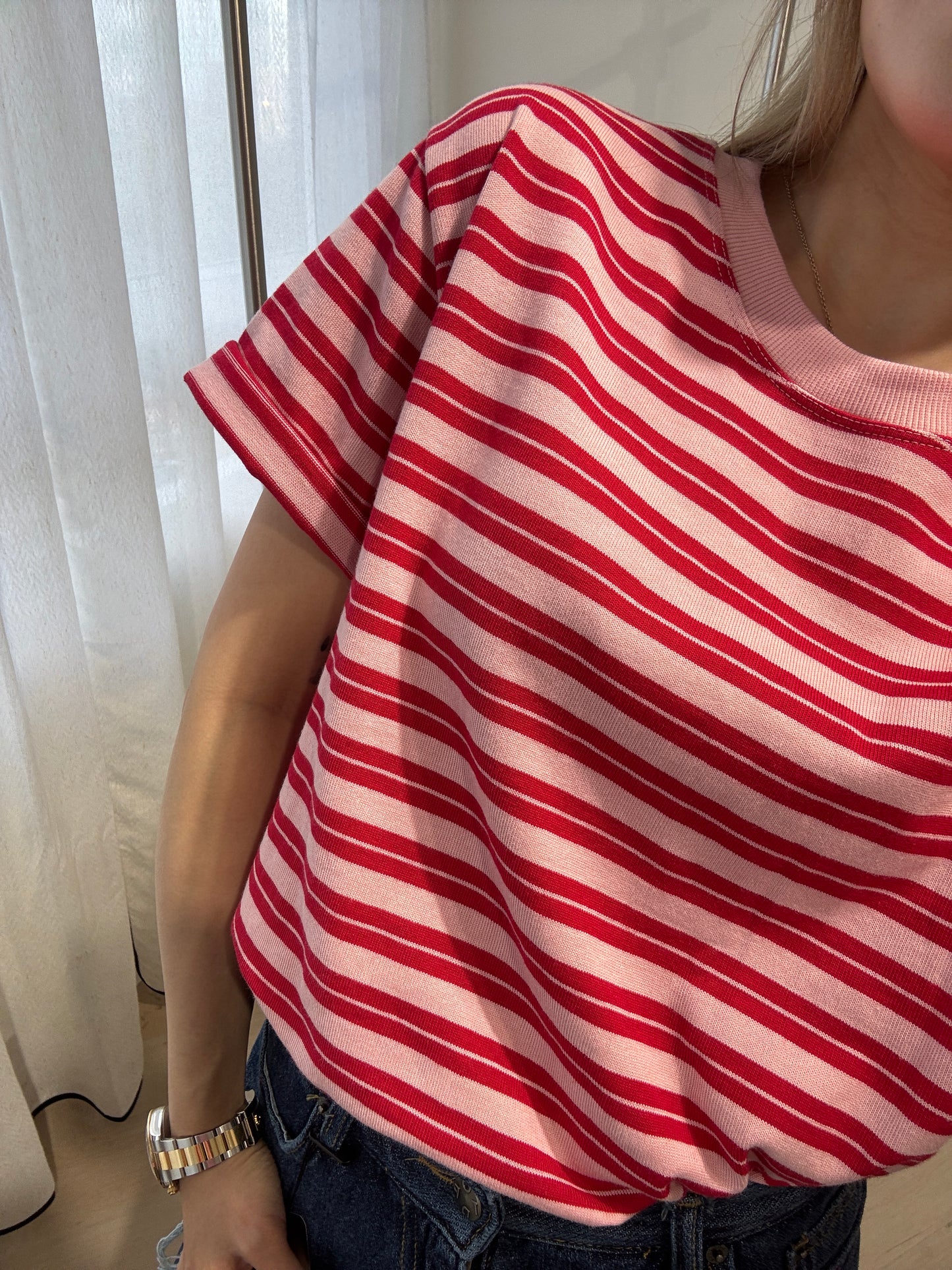 併色間條寛鬆TEE ( 粉/黑/藍 )