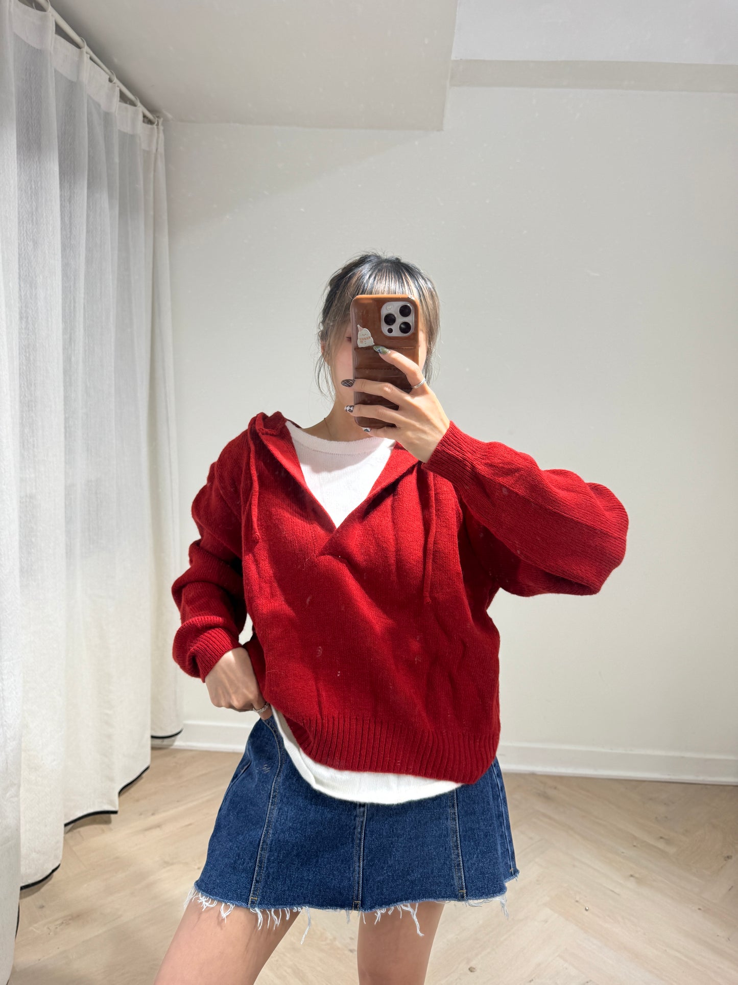 紅色假兩件有帽上衣