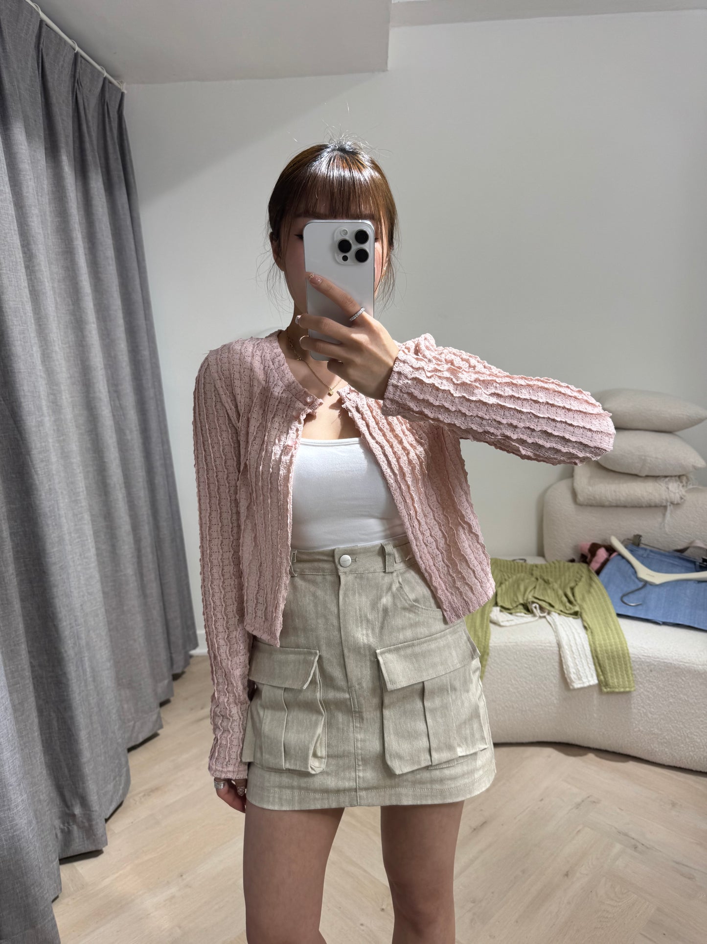 雙扣有口袋短裙褲 ( 米/藍 )