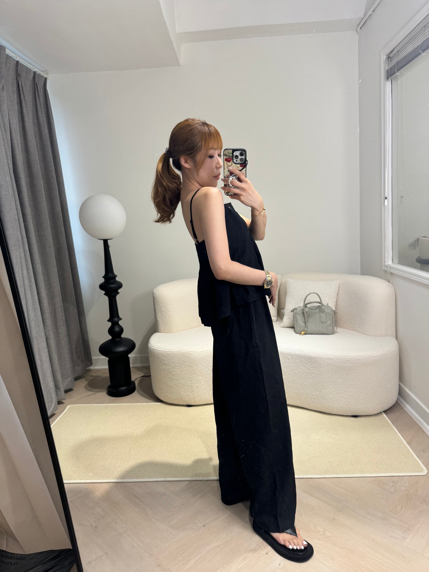 挺棉麻背心長褲套裝 ( 黑/米白 )