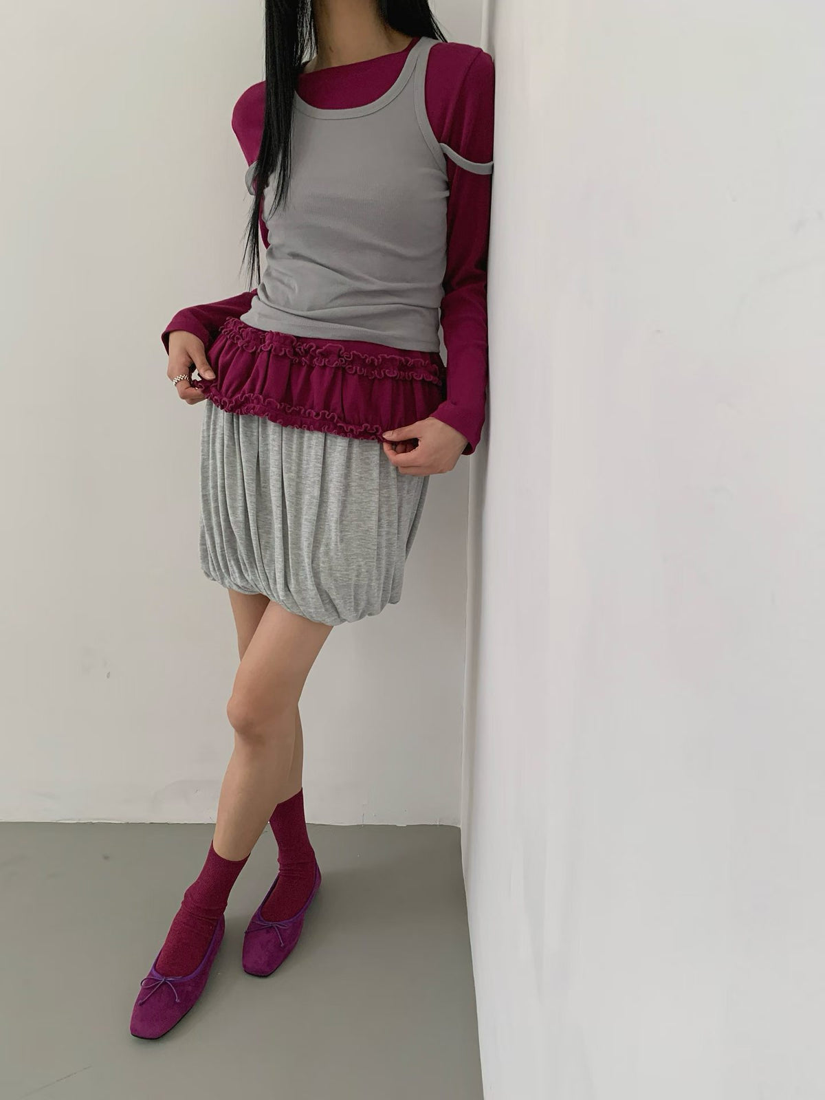 皺褶棉質短裙 ( 黑/灰/啡紅 )