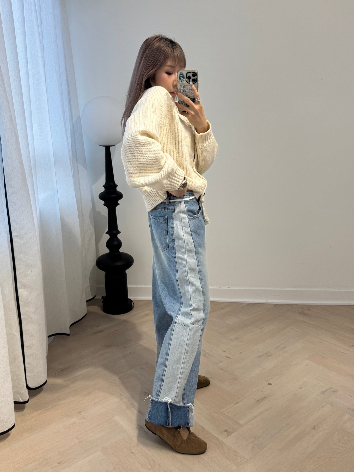 深淺併色直腳寬鬆白繩牛仔褲 ( S/M/L )