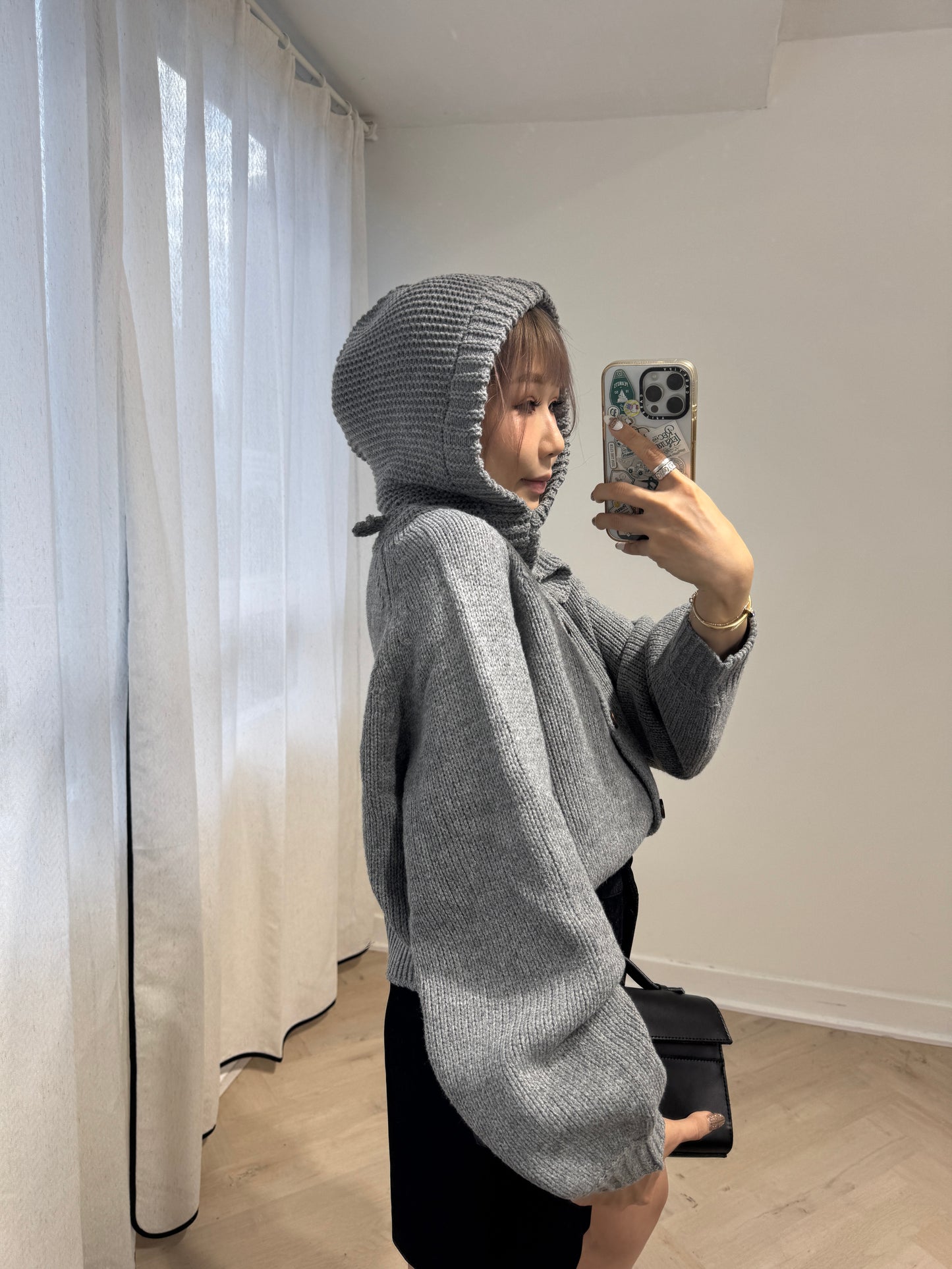 連冷帽鈕扣冷外套套裝 ( 灰/米白/黑 )