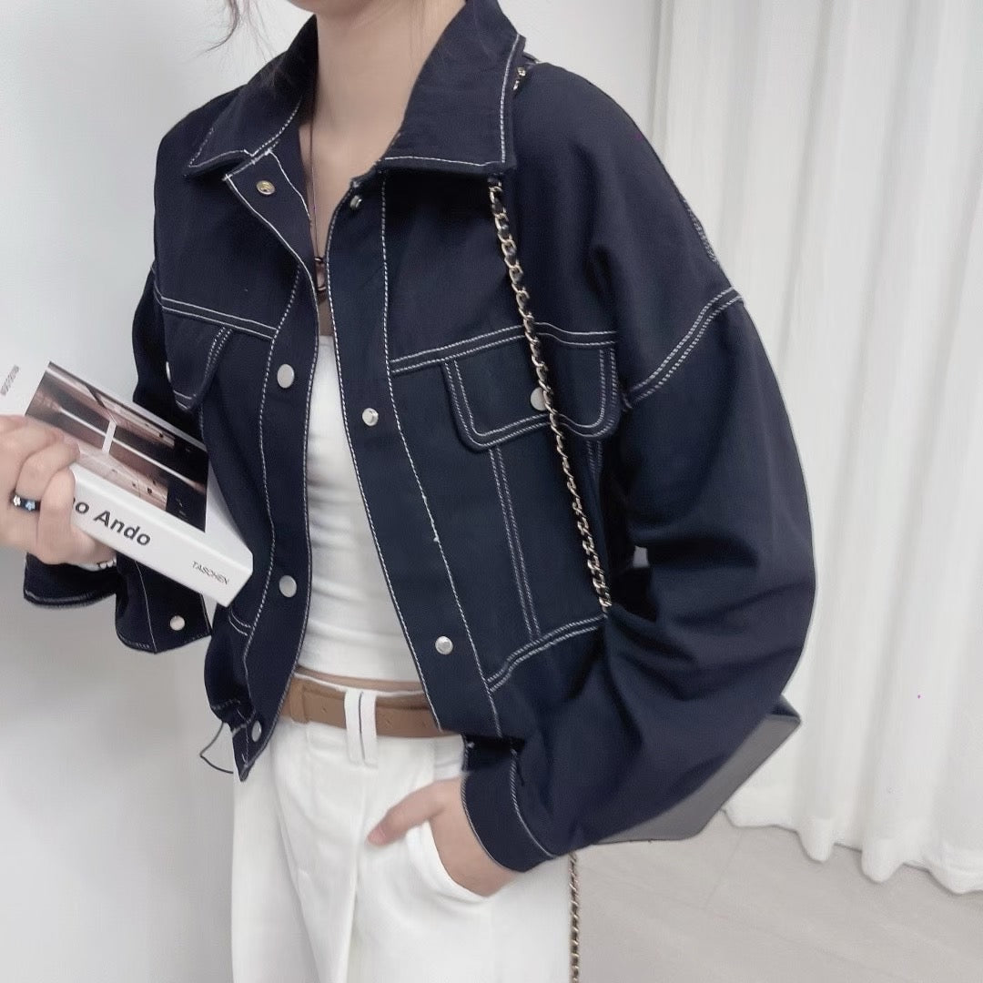 明線薄斜布外套 ( 黑/米 )