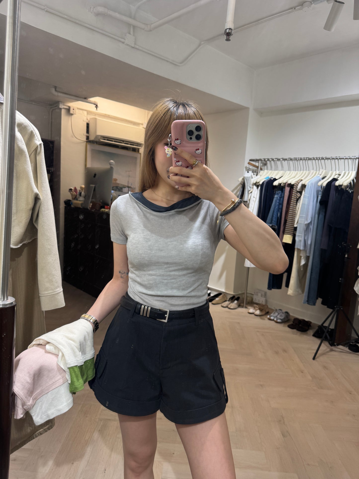 圓領併色邊短袖TEE ( 灰/白/粉 )