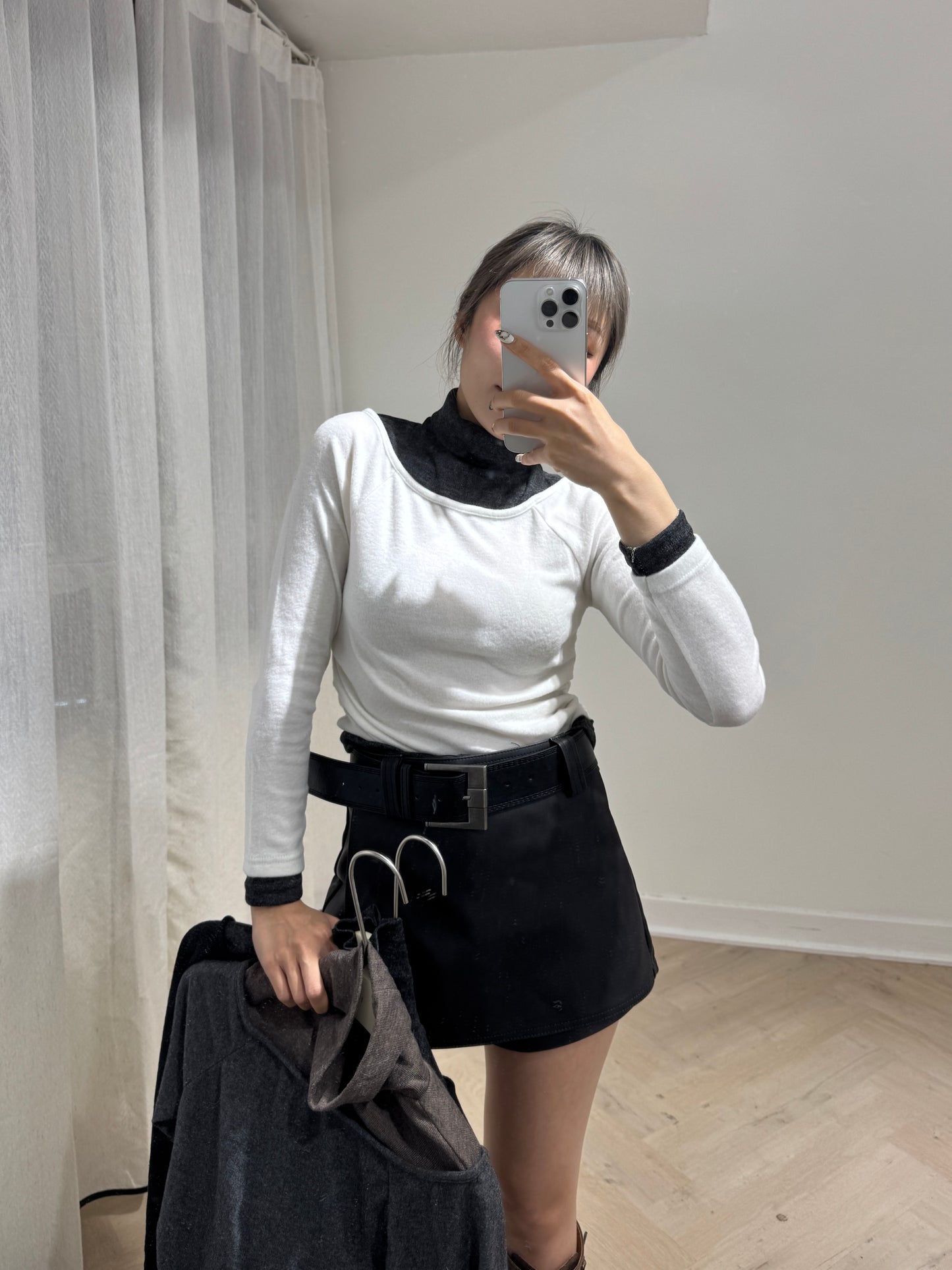 假兩件拼色樽領上衣 ( 黑白/啡灰/黑灰 )