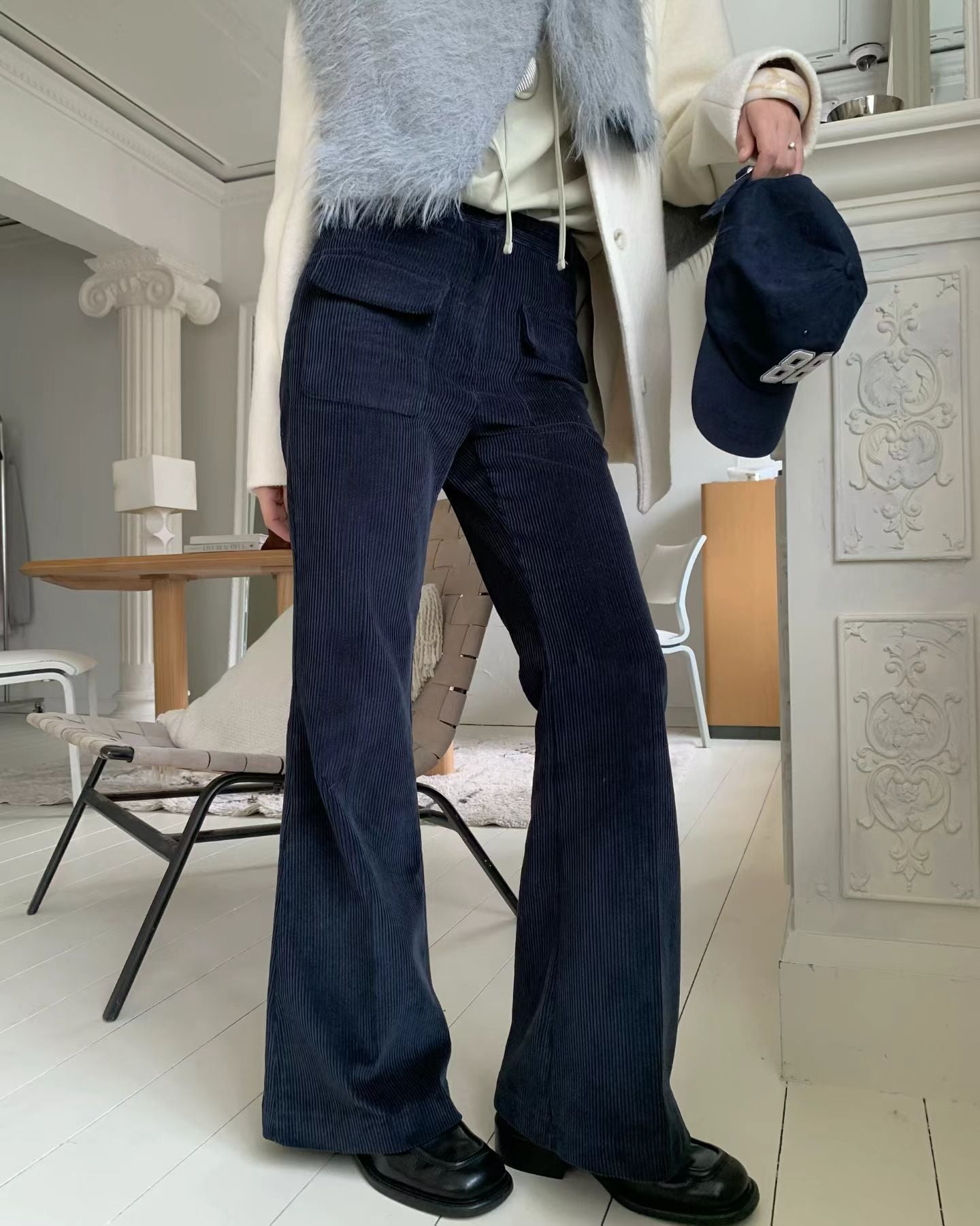 雙口袋燈芯絨喇叭長褲 ( 寶藍/杏 )