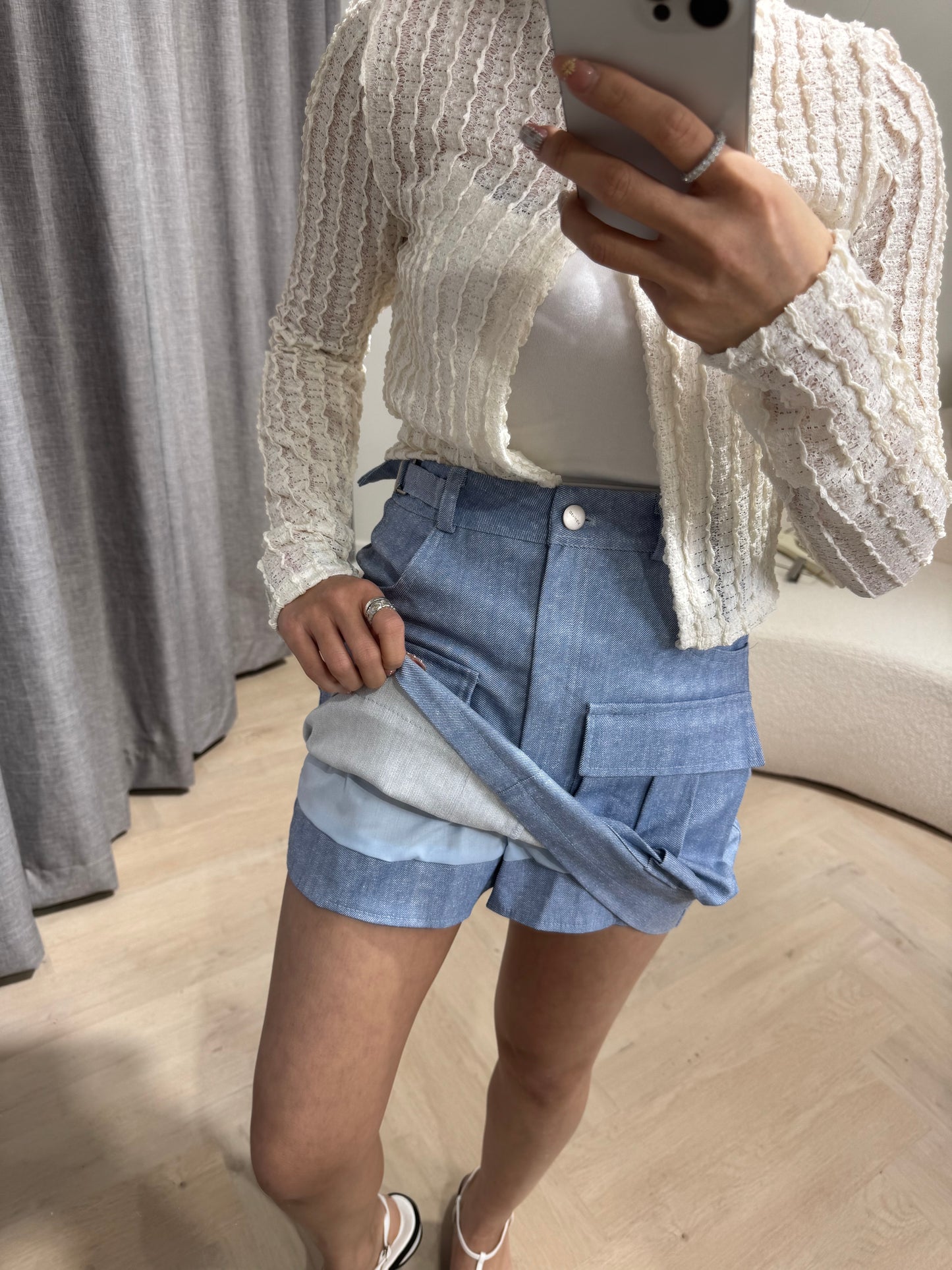 雙扣有口袋短裙褲 ( 米/藍 )