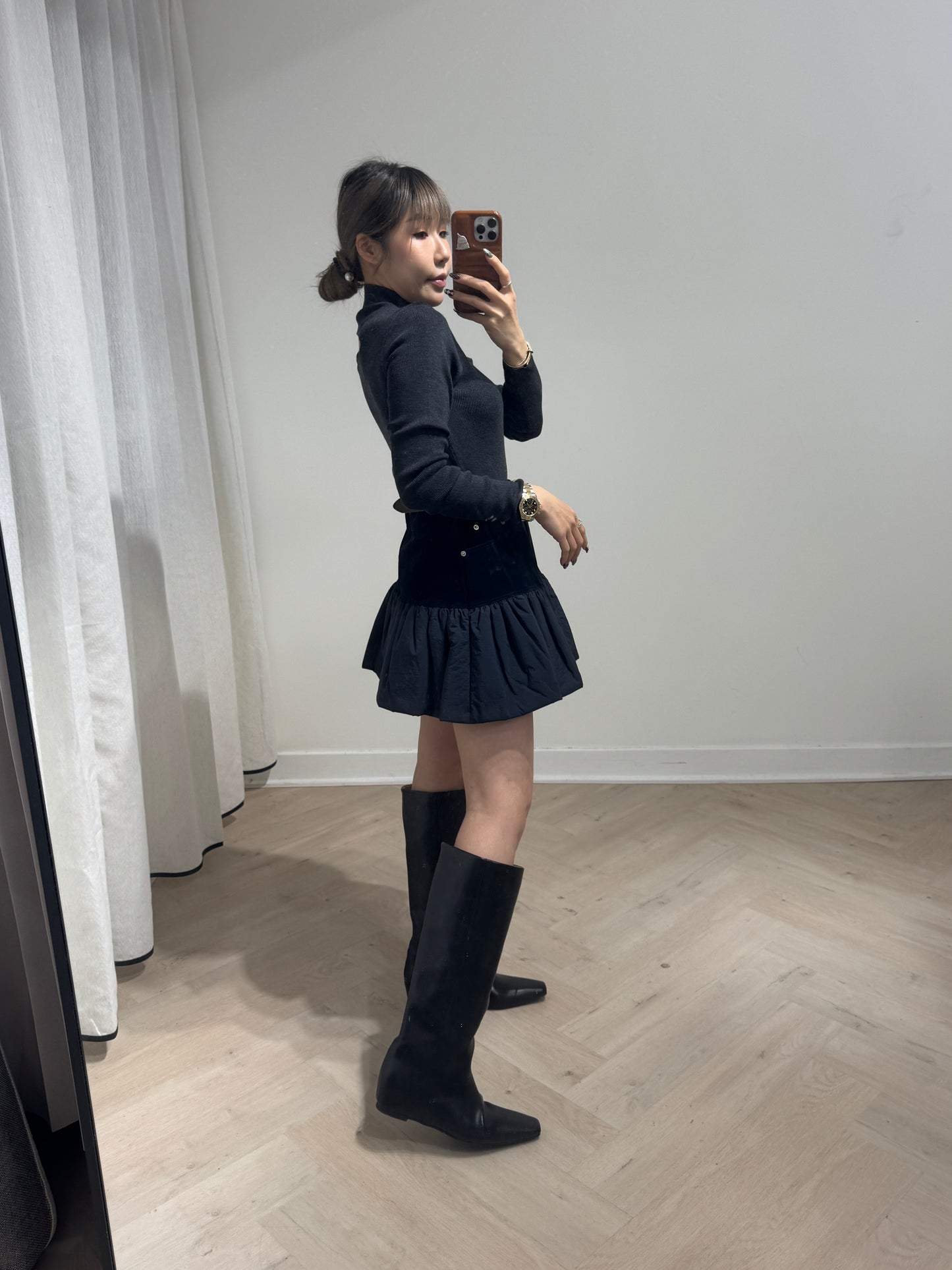 麂料併太空棉傘形短裙 ( 深藍/墨綠 )