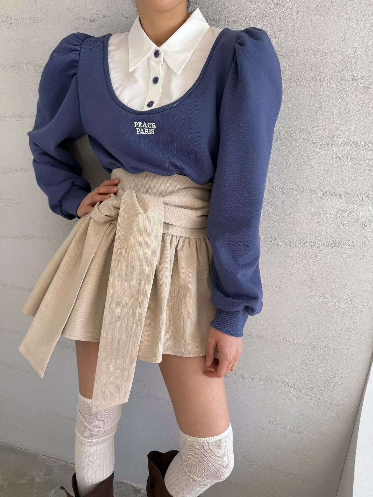 綁結傘形短裙 ( 黑/杏 )