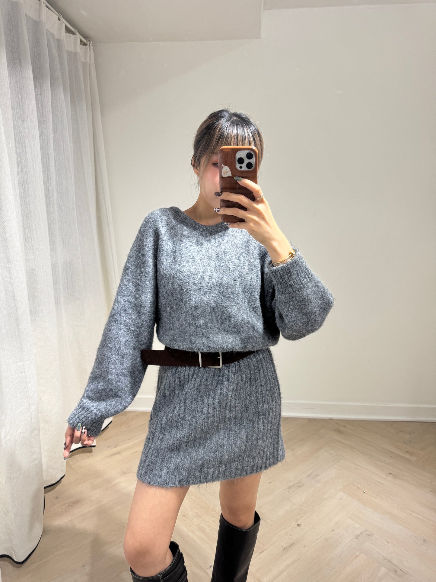 連皮帶冷線連衣裙 ( 灰/米白/啡 )