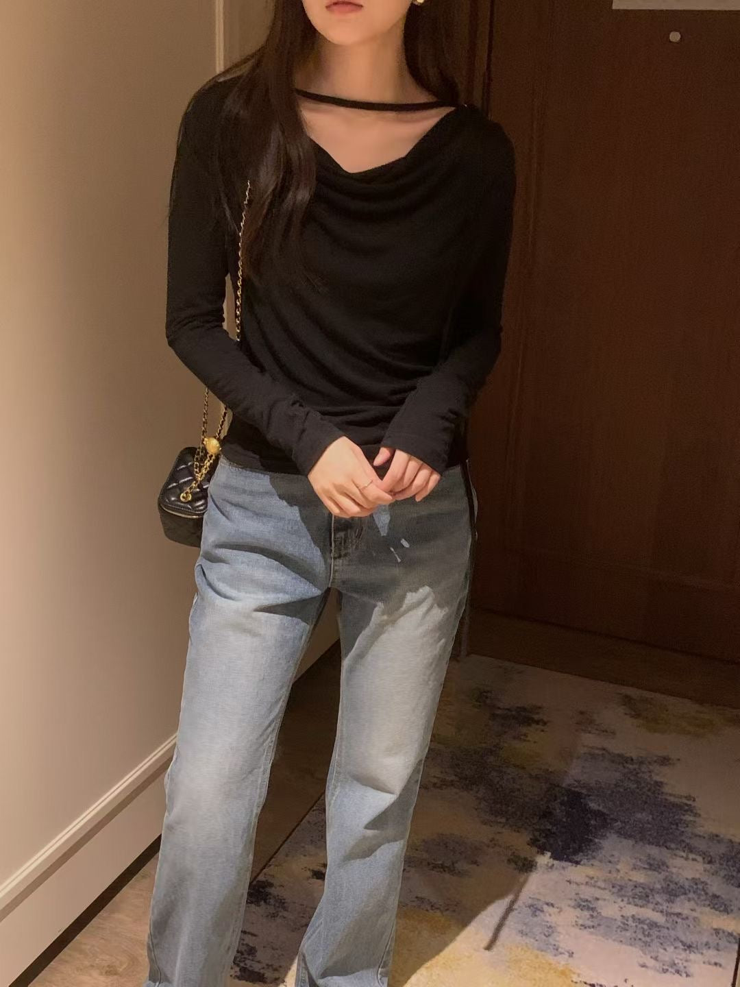 垂領幼繩彈性上衣 ( 黑/白/粉/深灰 )