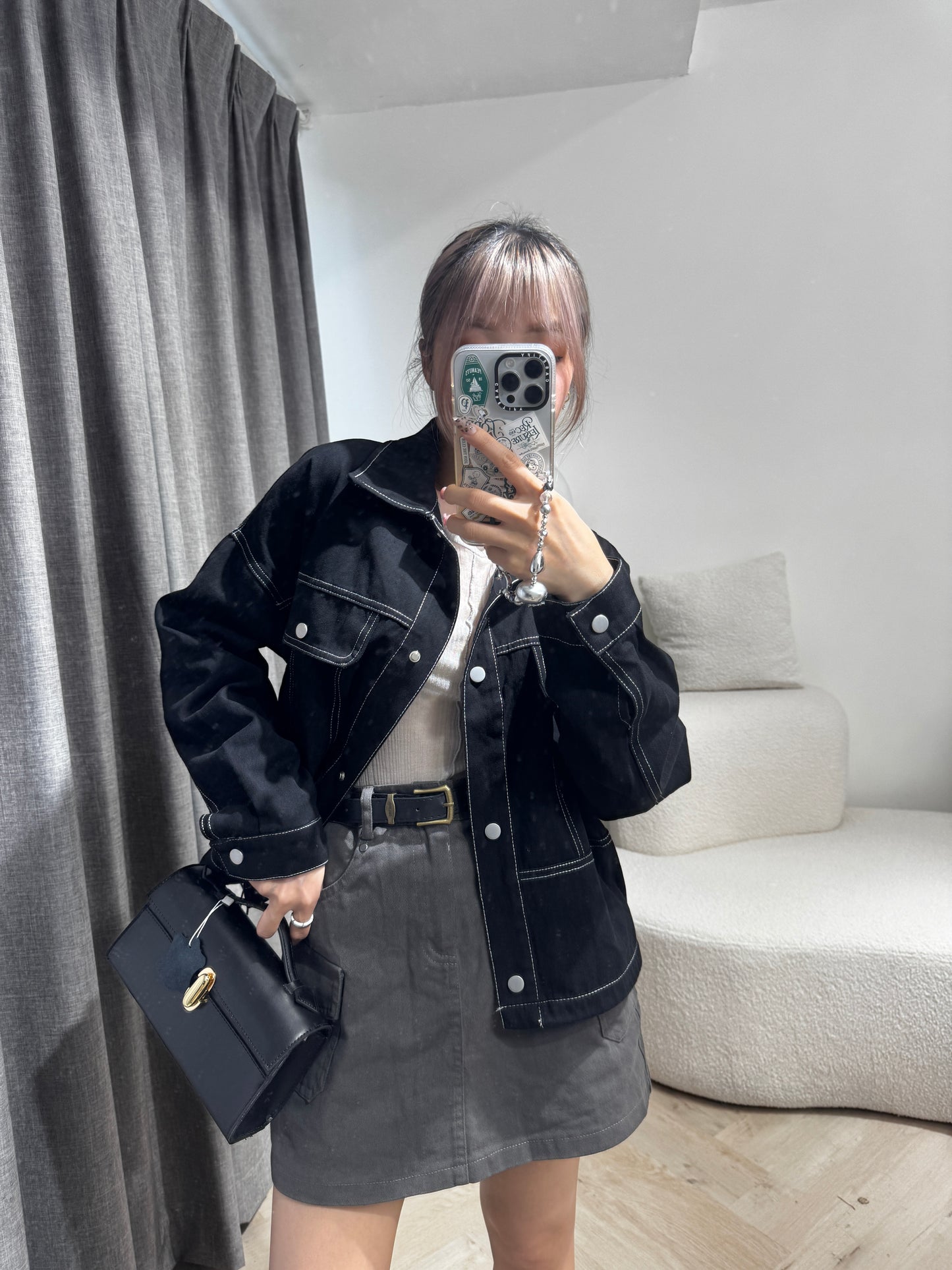 明線薄斜布外套 ( 黑/米 )