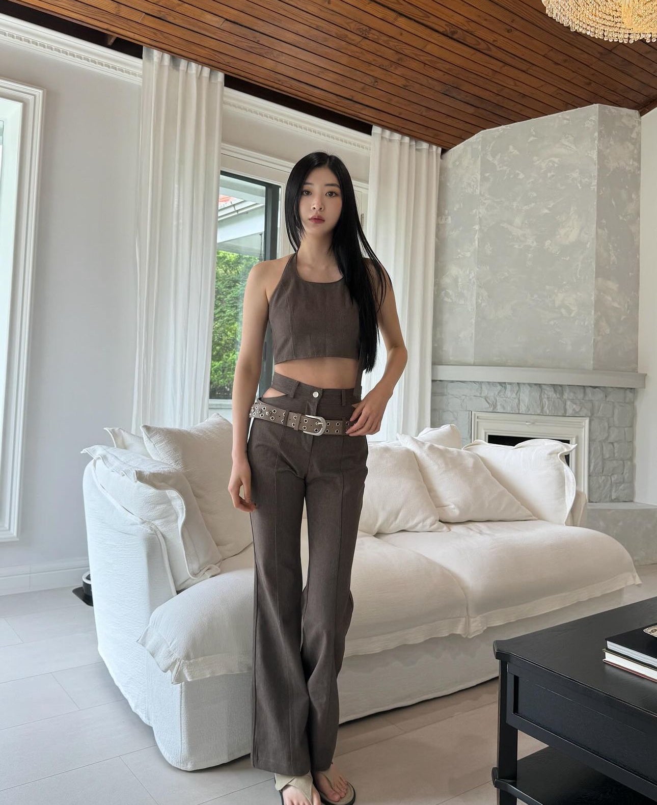 兩旁鏤空長褲 ( 啡/灰 ) S/M