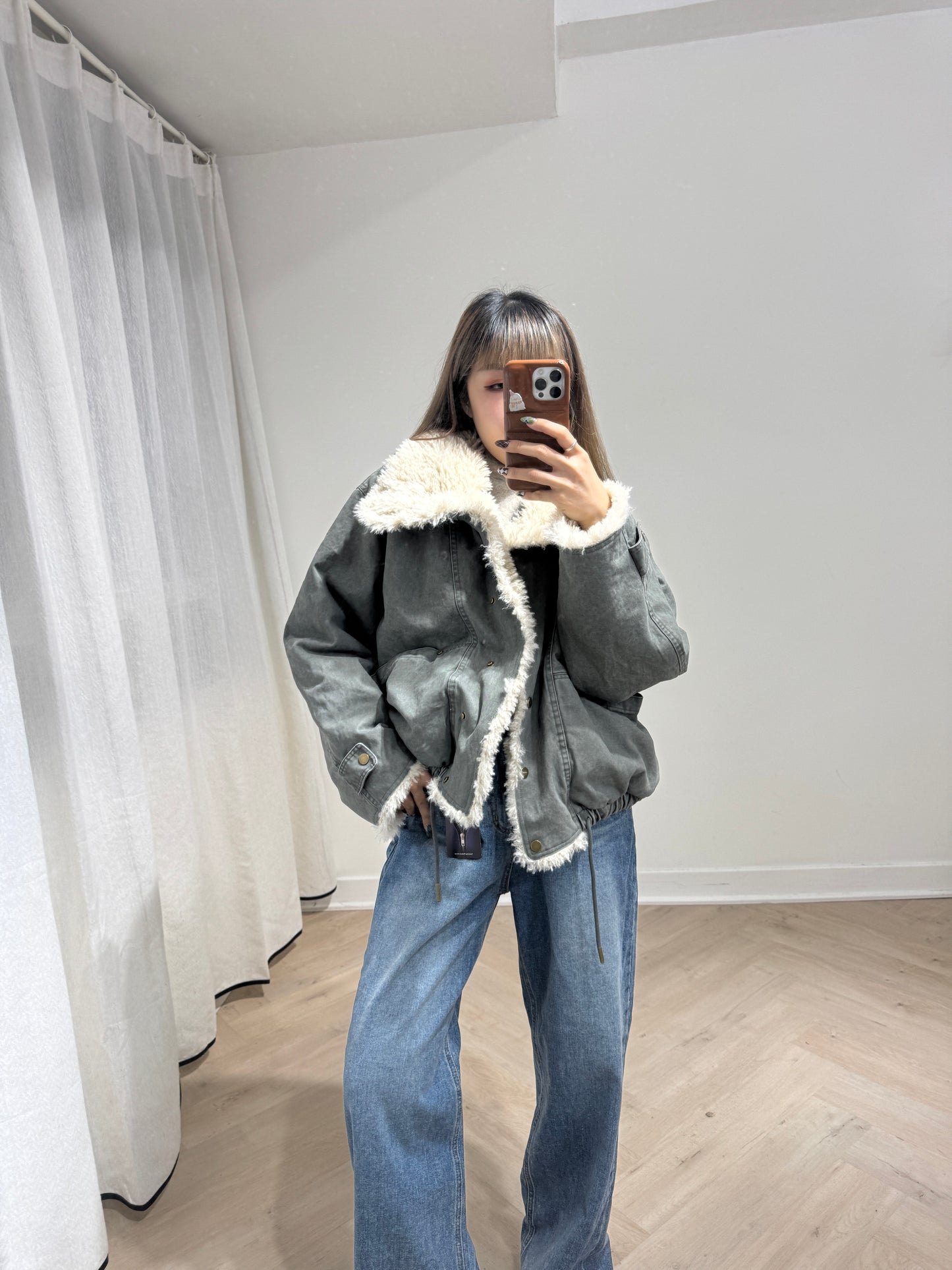 大反領毛毛洗水外套 ( 灰綠/啡 )