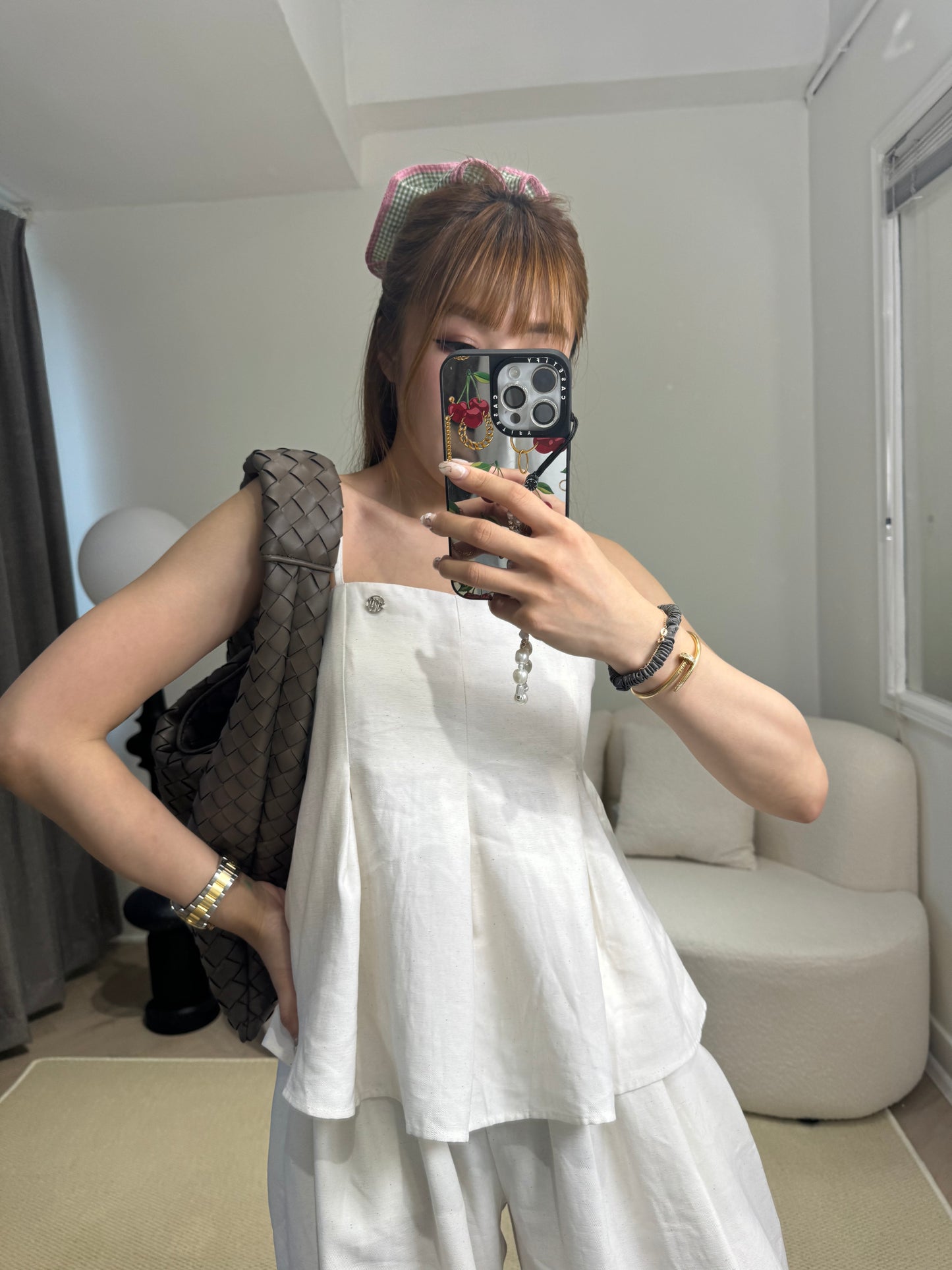 挺棉麻背心長褲套裝 ( 黑/米白 )