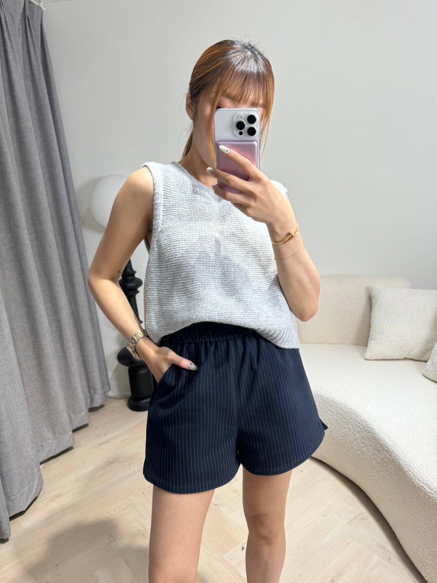 綁蝴蝶背心冷外套 ( 寶藍/灰 )