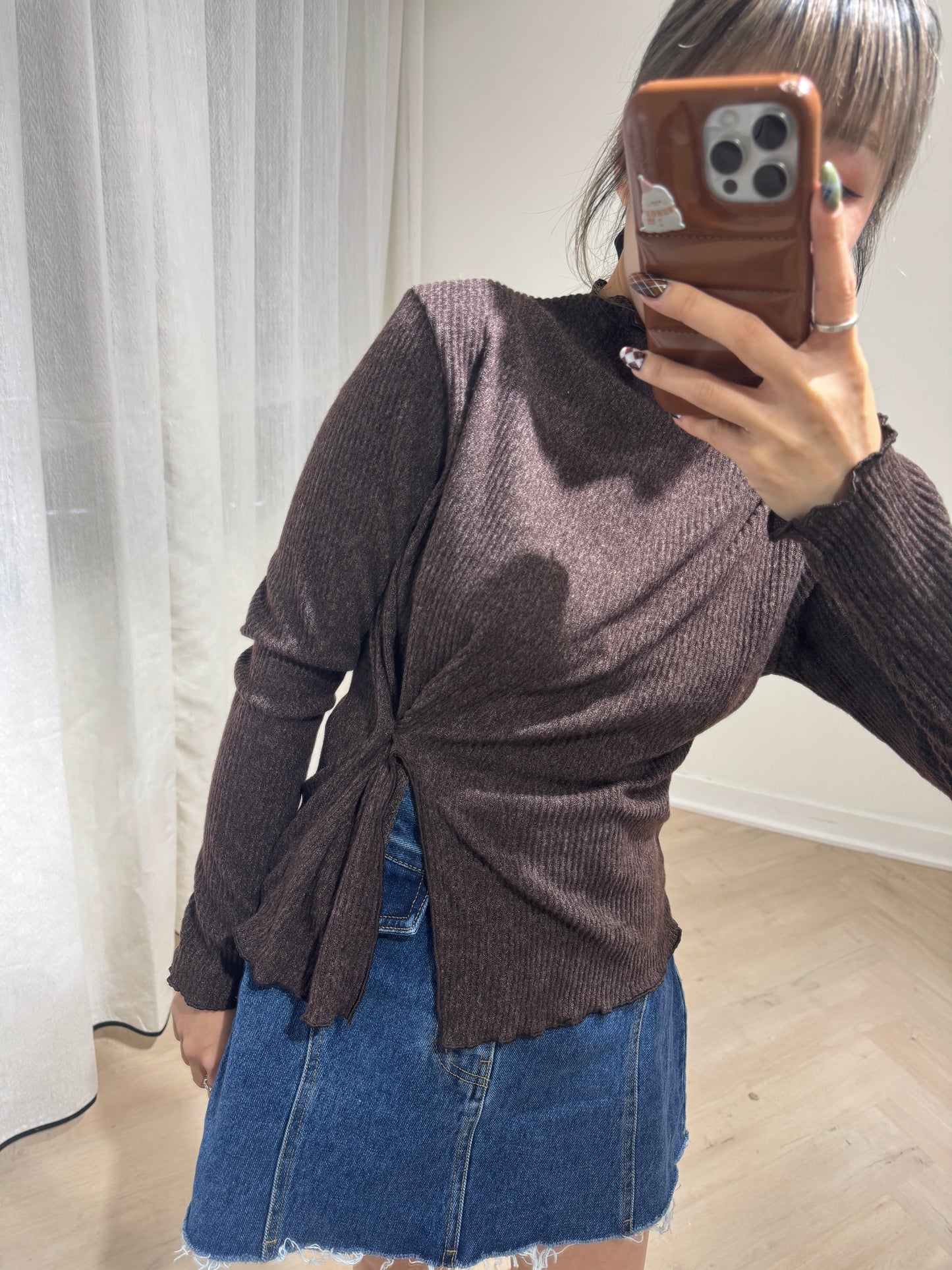 直紋木耳邊側鈕扣上衣 ( 米白/啡/深灰 )