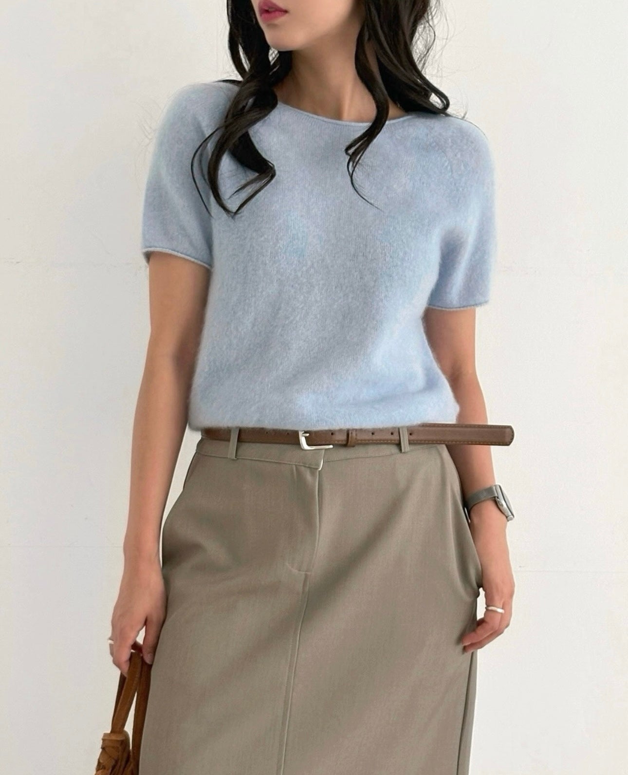 羊毛親膚短袖線上衣 ( 灰/白/粉/黃/藍 )