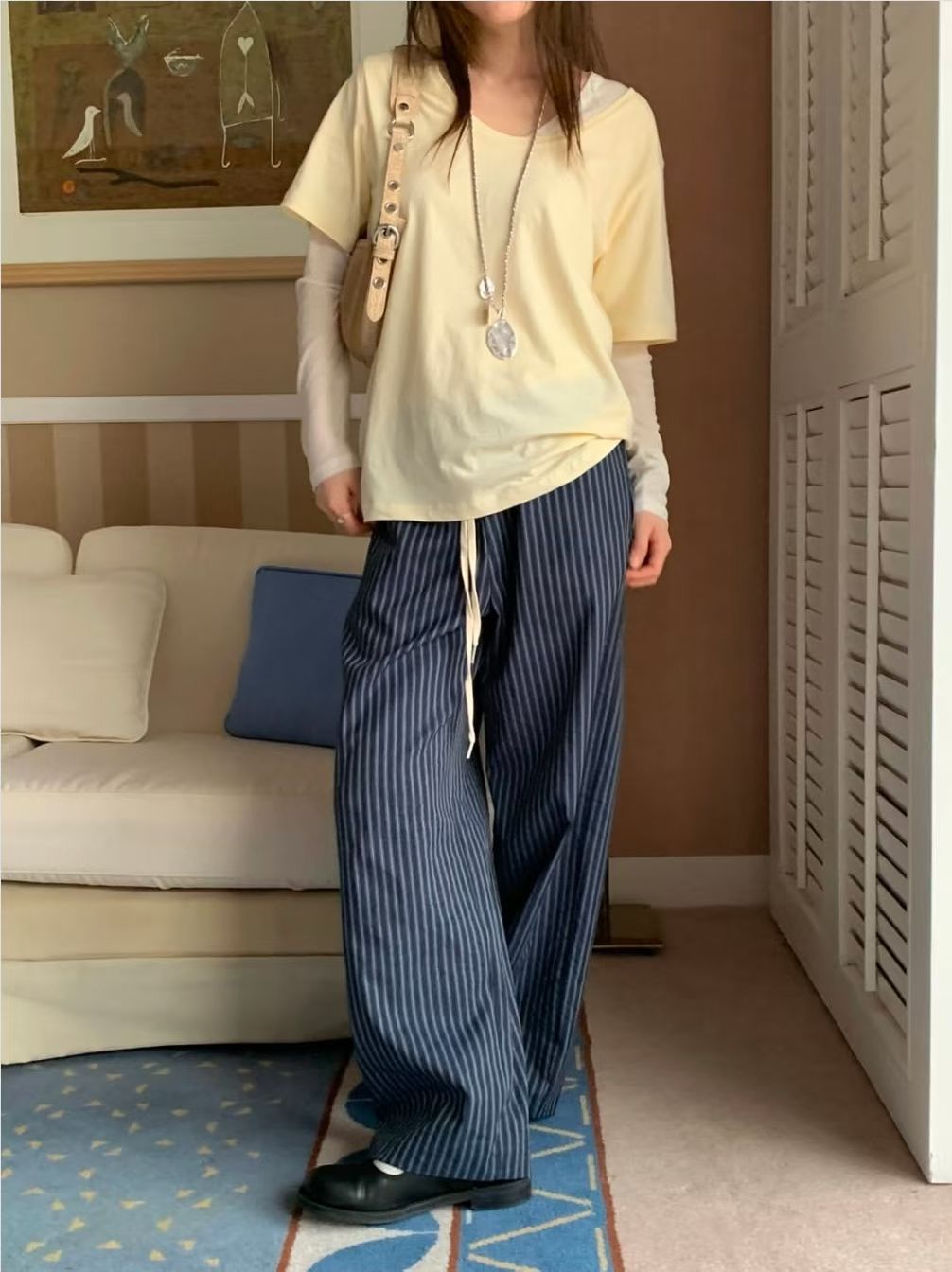 幼直紋白邊長直褲 ( 卡其/深藍/純黑 )