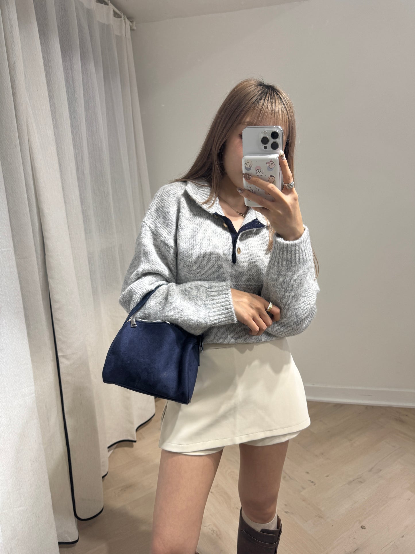 鈕扣企領混線冷衫 ( 米杏/淺灰 )