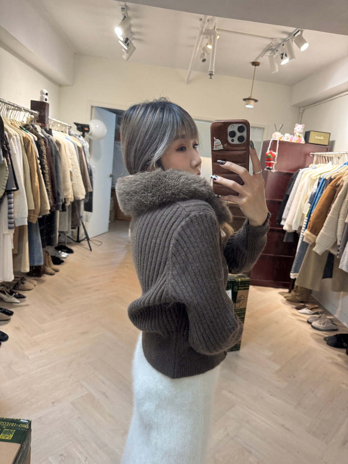 滑毛毛領拉鍊外套 ( 杏/灰/啡 )