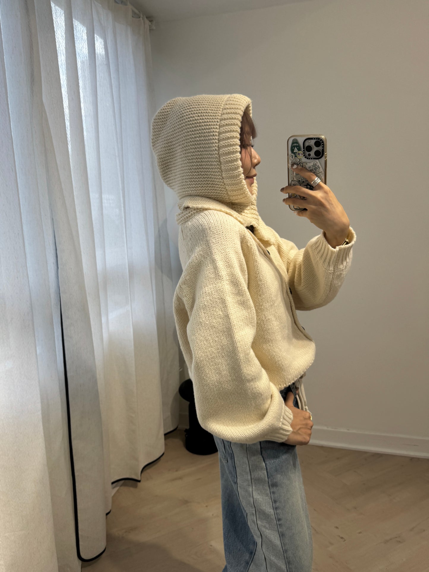 連冷帽鈕扣冷外套套裝 ( 灰/米白/黑 )