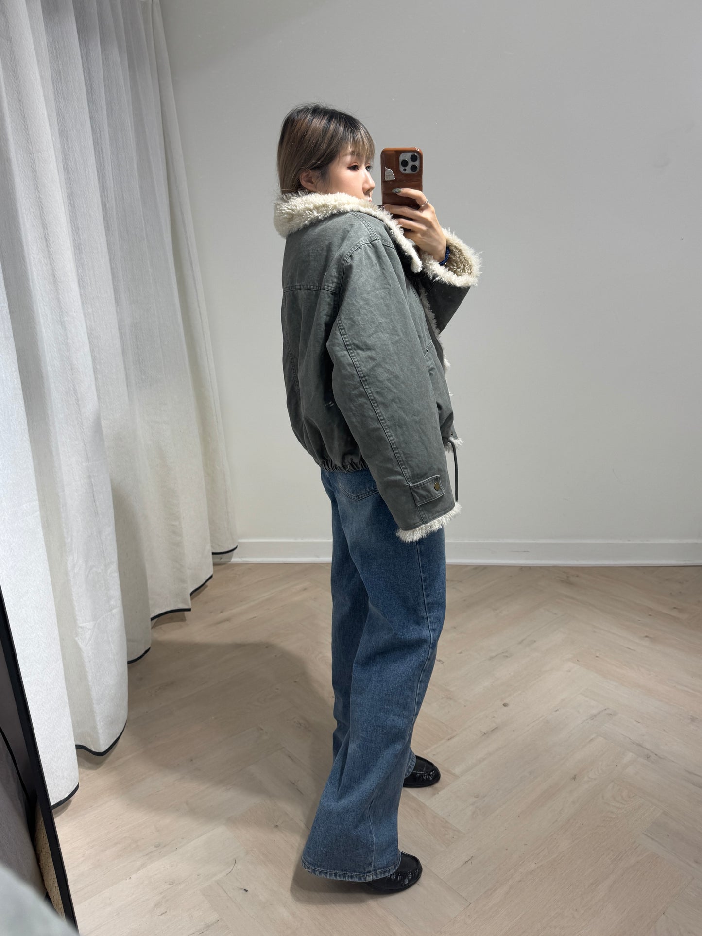 大反領毛毛洗水外套 ( 灰綠/啡 )