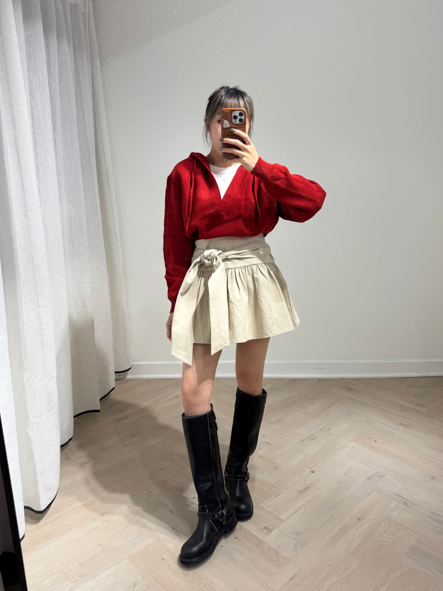 紅色假兩件有帽上衣